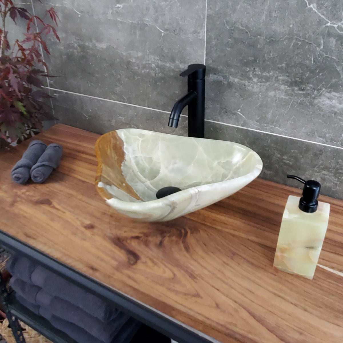 Green Onyx Vessel Sink, Natural Stone Vanity Basin, Polished Bathroom Countertop Sink, Spa Decor 15x12.5 Inch S40_27