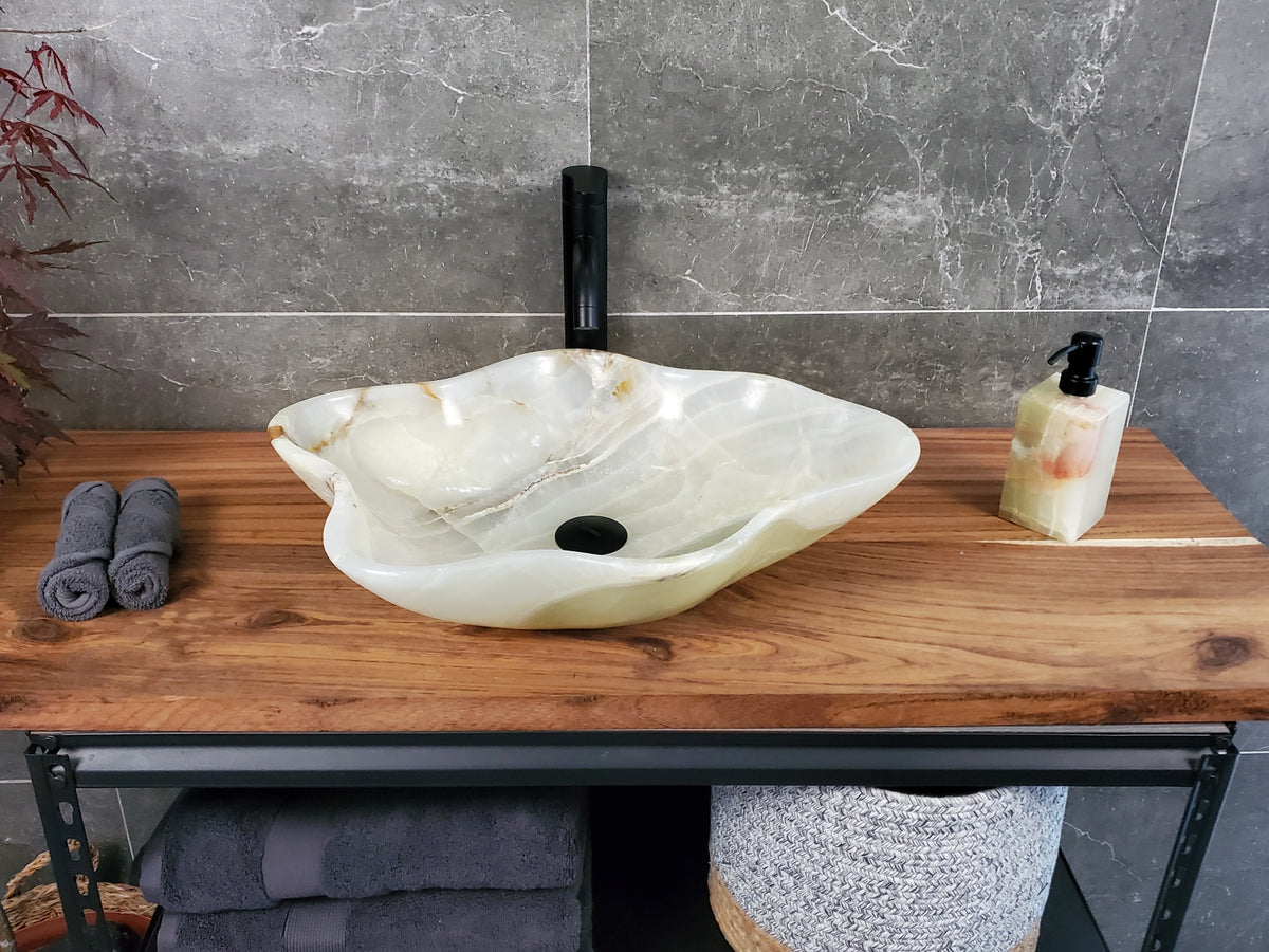 Green Onyx Marble Vessel Sink, 22x17 Inch Natural Stone Countertop Basin, Polished Luxury Vanity Sink, Spa Bathroom Decor S40_08 Bathroom Sinks Featured Onyx Sinks Sinks