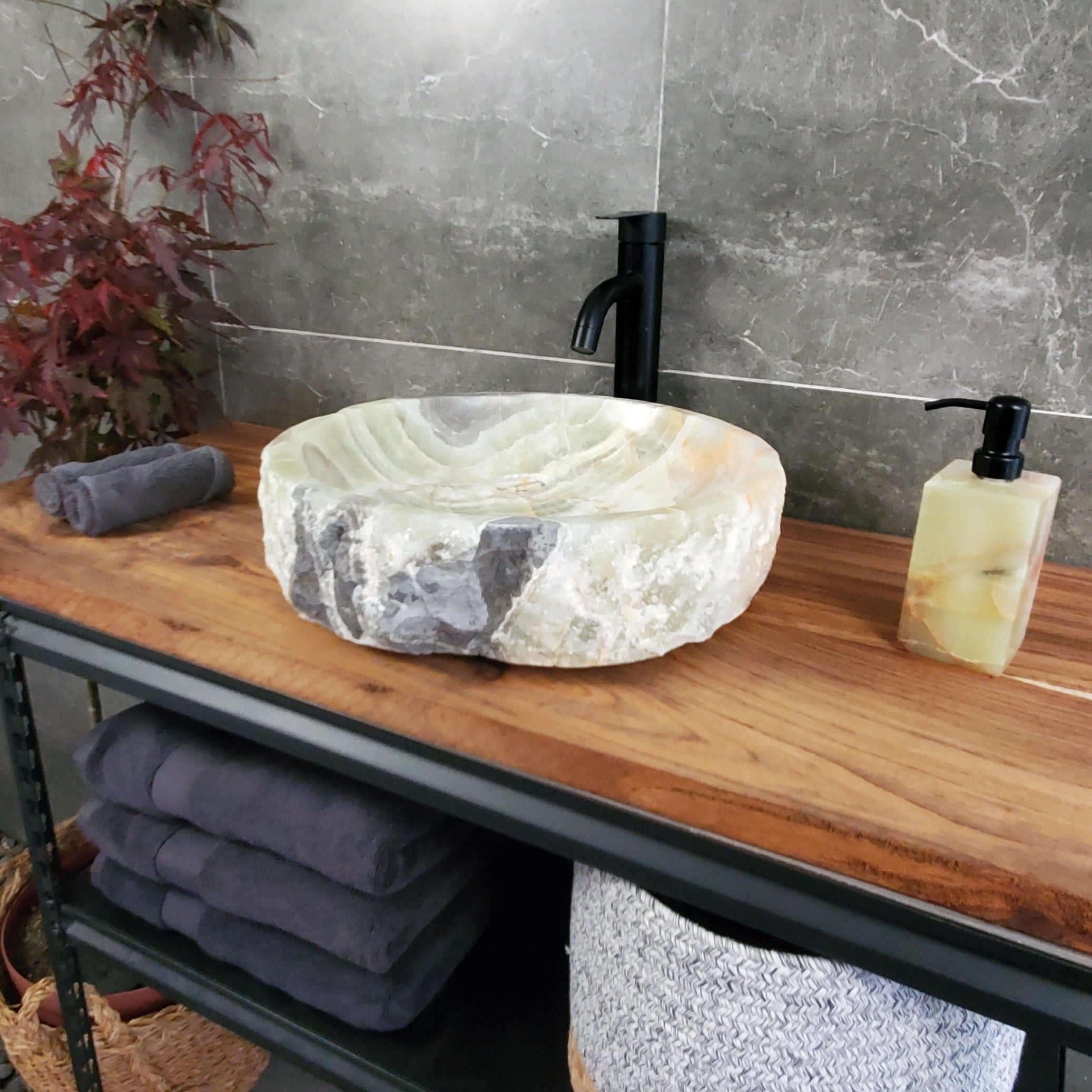 Green Onyx Marble Vessel Sink, 16x16 Inch Natural Stone Countertop Basin, Polished Luxury Vanity Sink, Spa Bathroom Decor S40_03 Bathroom Sinks Featured Onyx Sinks