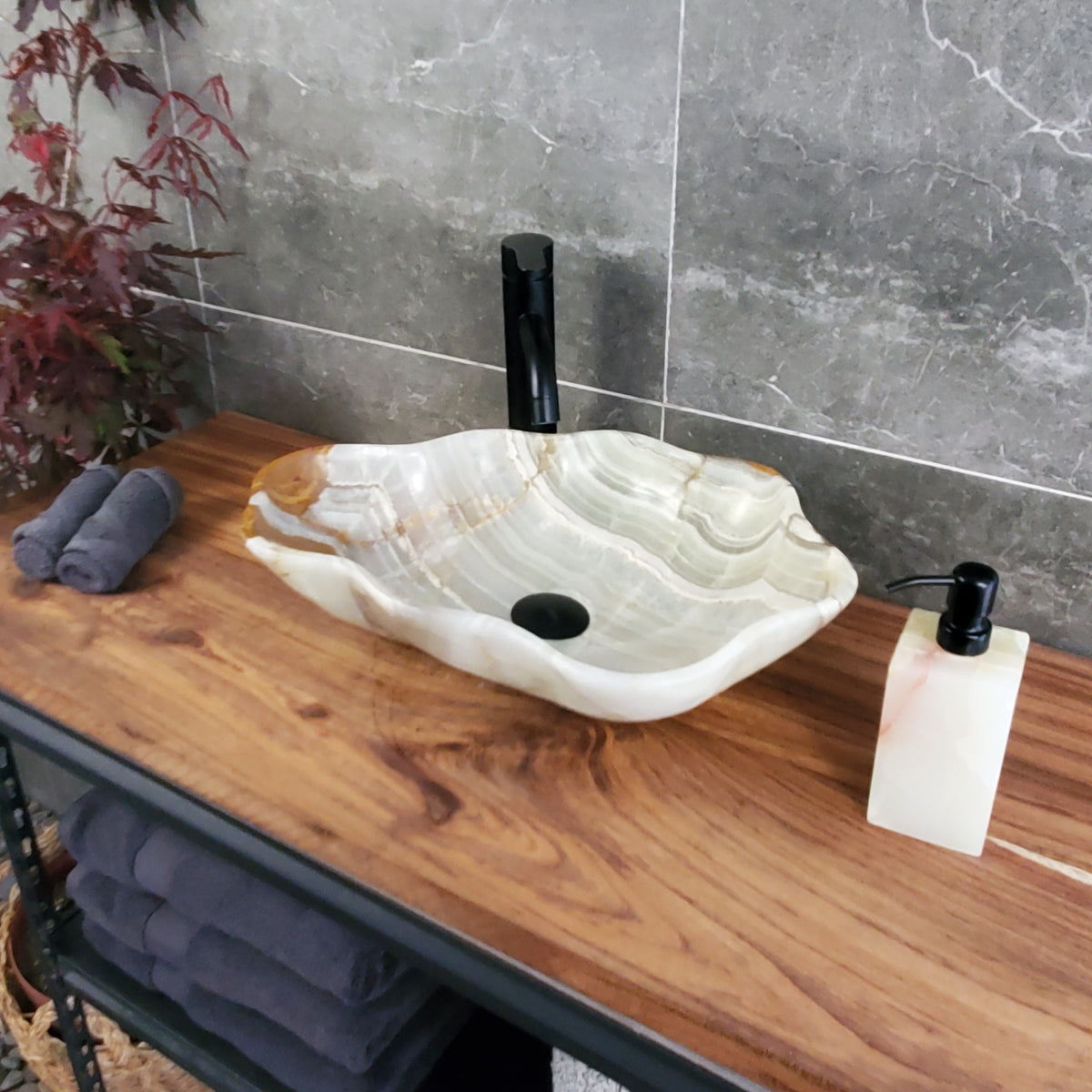 Green Onyx Vessel Sink – Natural Stone Countertop Sink, Polished Vanity Basin, Luxury Spa Bathroom Decor 19.5x13 Inch S40_21