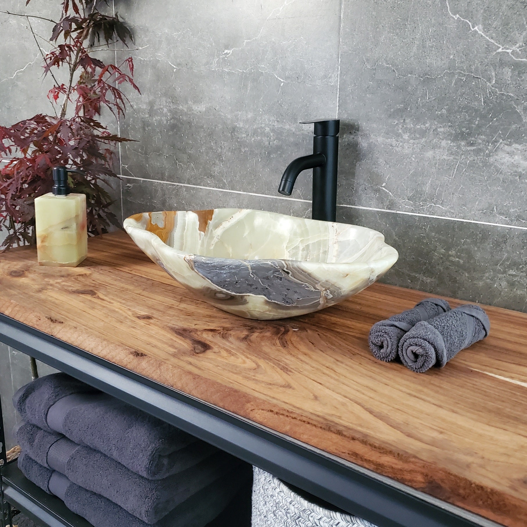 Green White Onyx Vessel Sink, 19x13 Inch Natural Stone Countertop Basin, Polished Luxury Vanity Sink, Spa Bathroom Decor S40_13