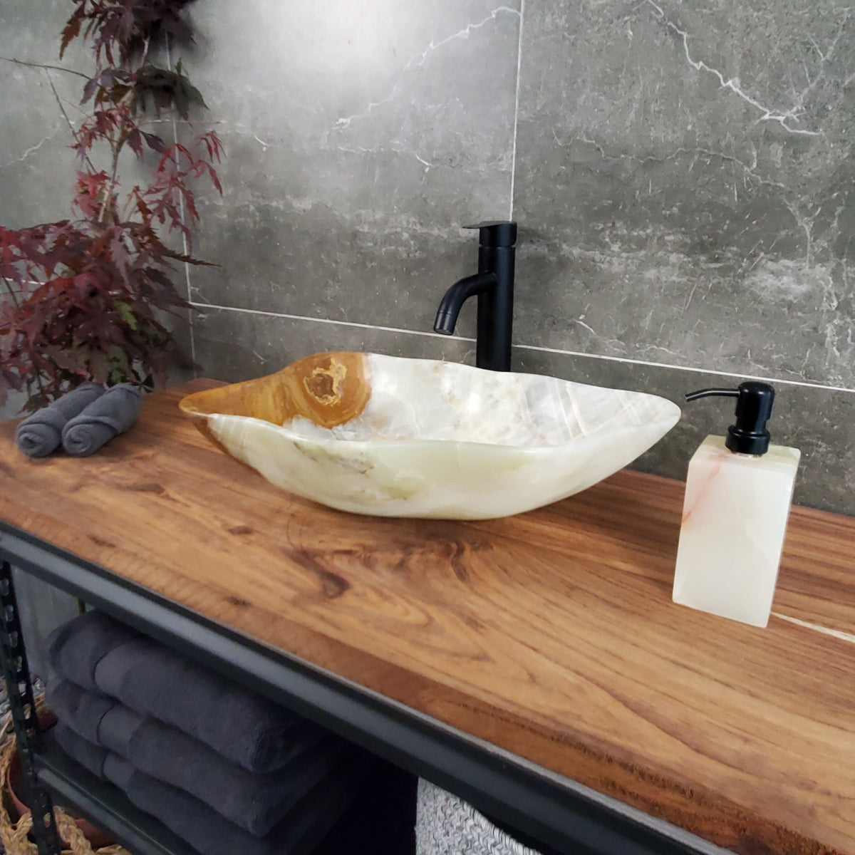 Green Onyx Vessel Sink, Natural Stone Vanity Basin, Polished Bathroom Countertop Sink, Spa Decor 18.5x13 Inch S40_24