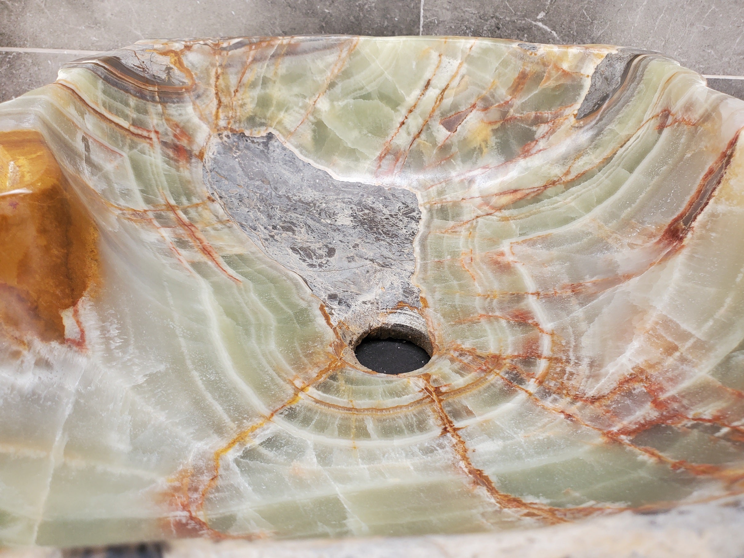 S34_01 Green Onyx Stone Vessel Bathroom Sink - 17 x 15 inch
