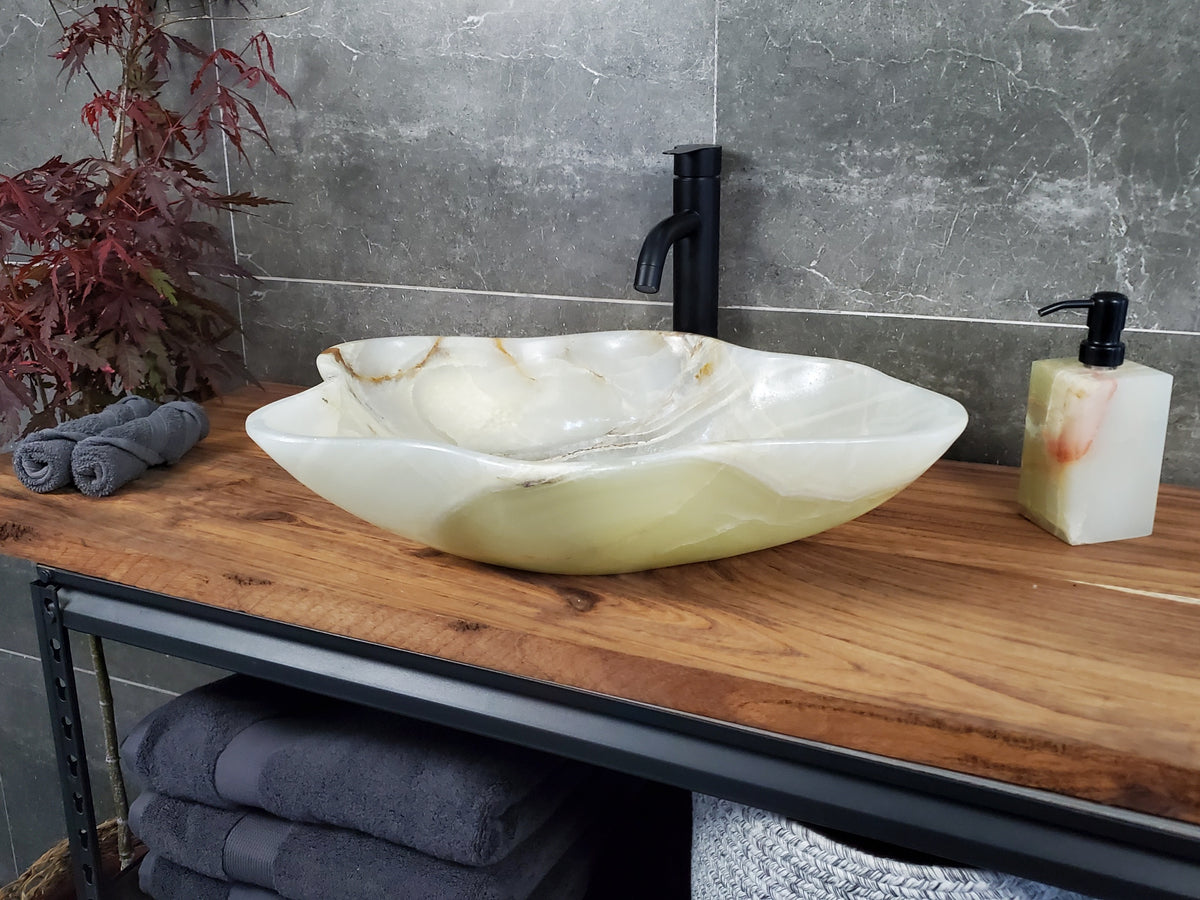 Green Onyx Marble Vessel Sink, 22x17 Inch Natural Stone Countertop Basin, Polished Luxury Vanity Sink, Spa Bathroom Decor S40_08 Bathroom Sinks Featured Onyx Sinks Sinks