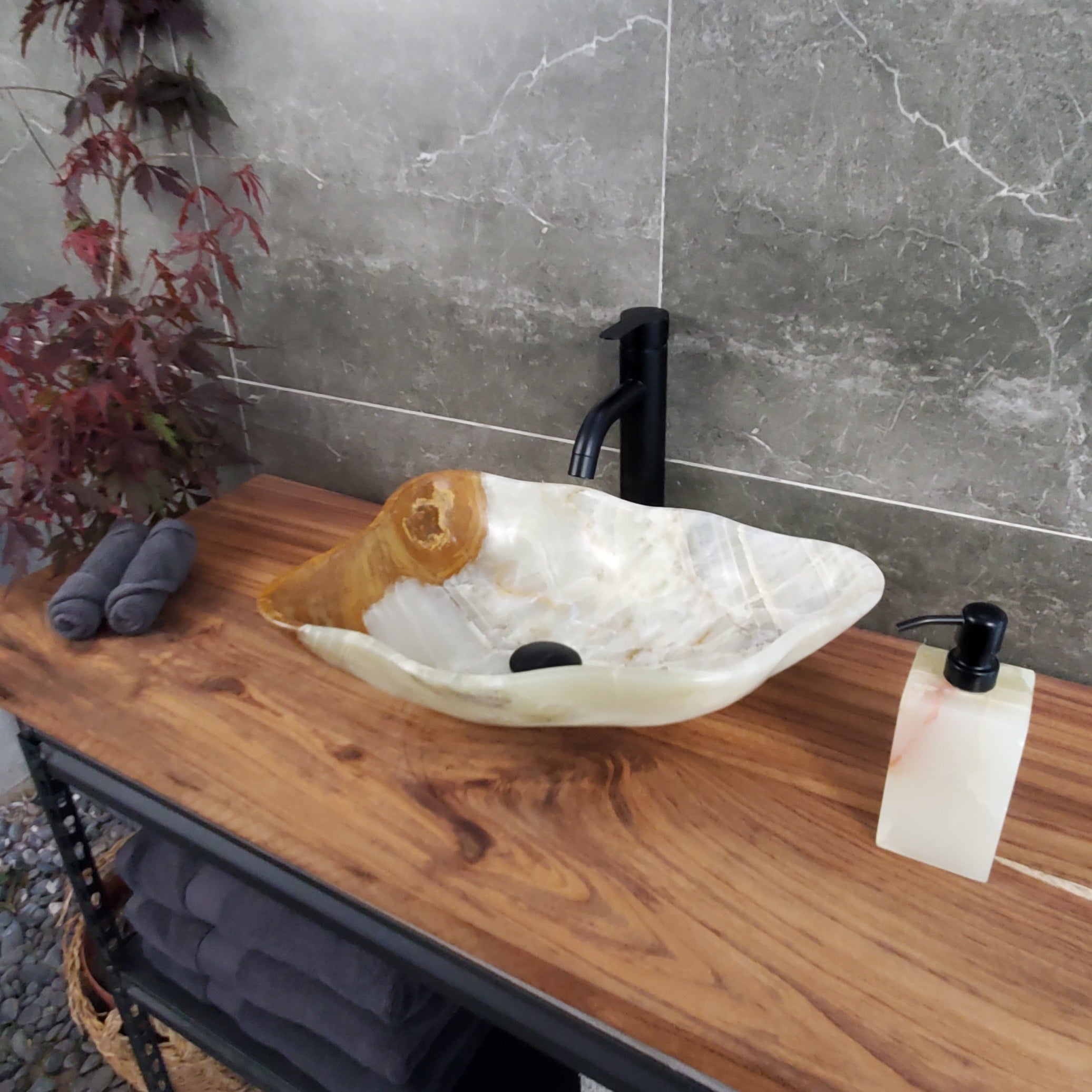 Green Onyx Vessel Sink, Natural Stone Vanity Basin, Polished Bathroom Countertop Sink, Spa Decor 18.5x13 Inch S40_24