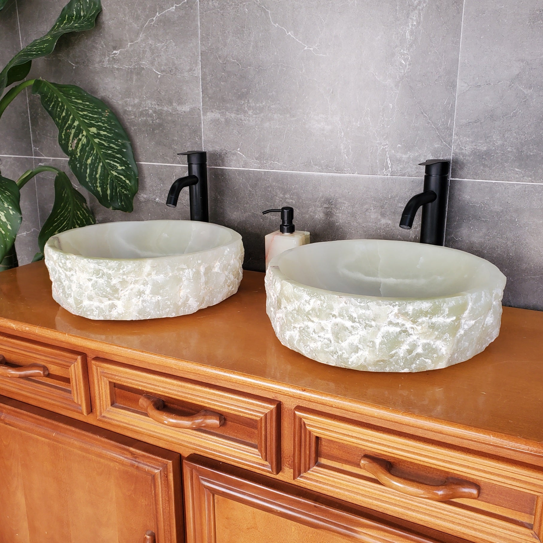 SET3708 - Onyx Stone Vessel Sink Set, Green, Master Bathroom Double Sinks Bathroom Sinks pair