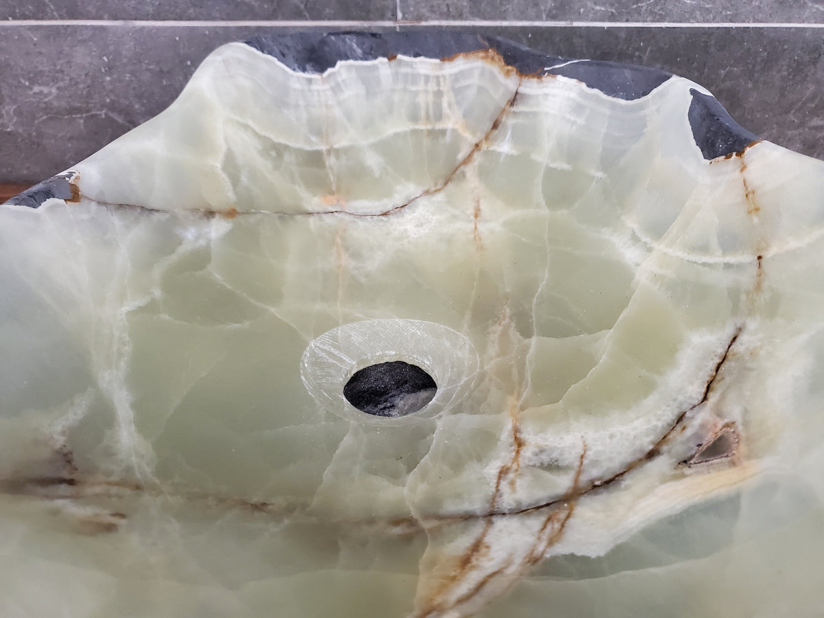 Green Onyx Vessel Sink, Natural Stone Vanity Basin, Polished Bathroom Countertop Sink, Spa Decor 16.5x13 Inch S40_22
