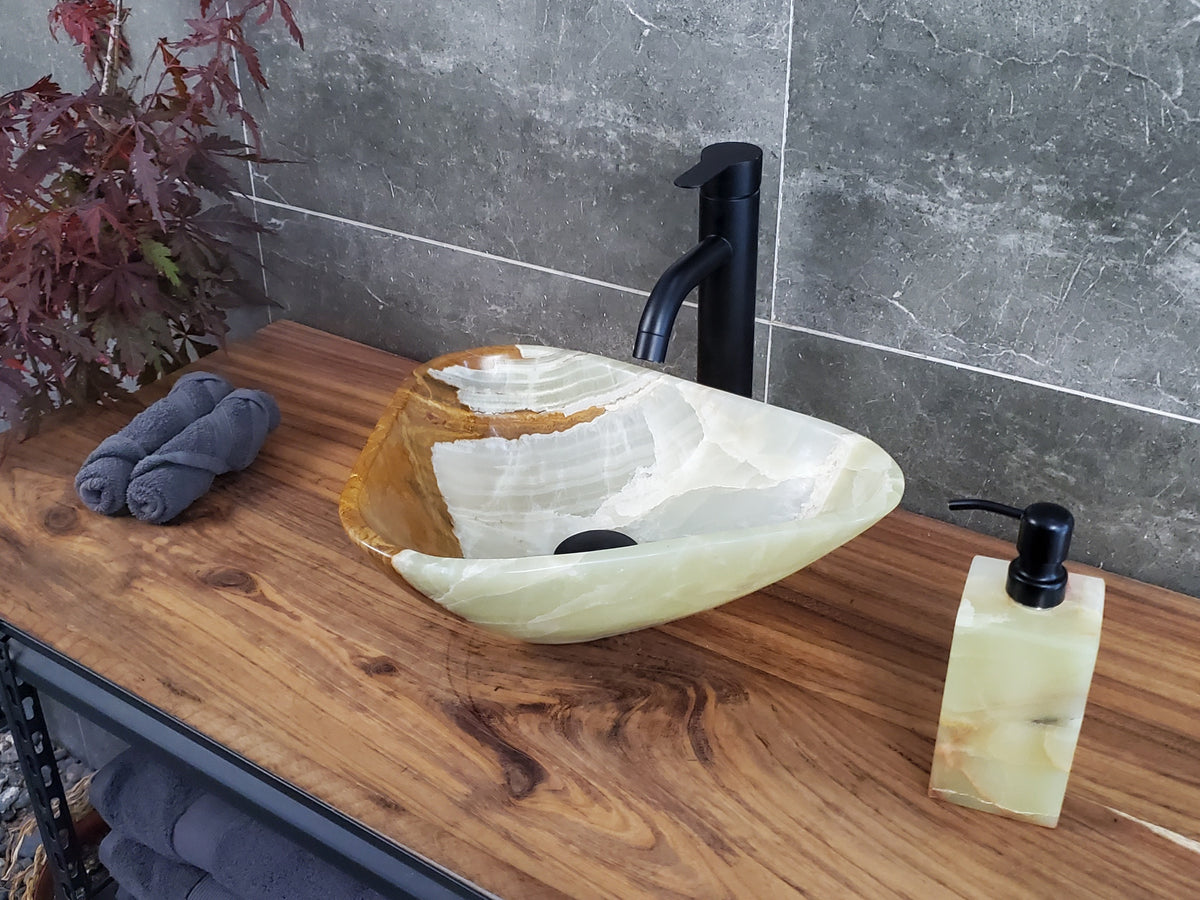 Green Onyx Vessel Sink, Natural Stone Vanity Basin, Polished Bathroom Countertop Sink, Spa Decor 15x12 Inch S40_26
