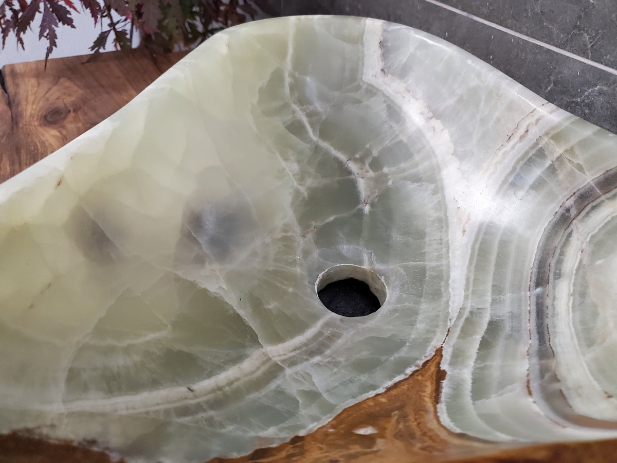 Green Onyx Vessel Sink, Natural Stone Vanity Basin, Polished Bathroom Countertop Sink, Spa Decor 15x12.5 Inch S40_27