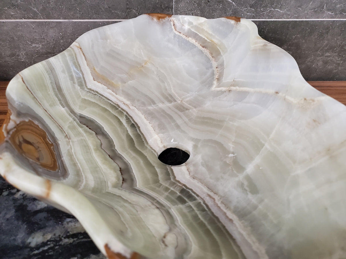 Green Onyx Marble Vessel Sink, Natural Stone Vanity Basin, Polished Bathroom Countertop Sink, Spa Decor 20x13 Inch S40_10 Bathroom Sinks Featured Onyx Sinks Sinks