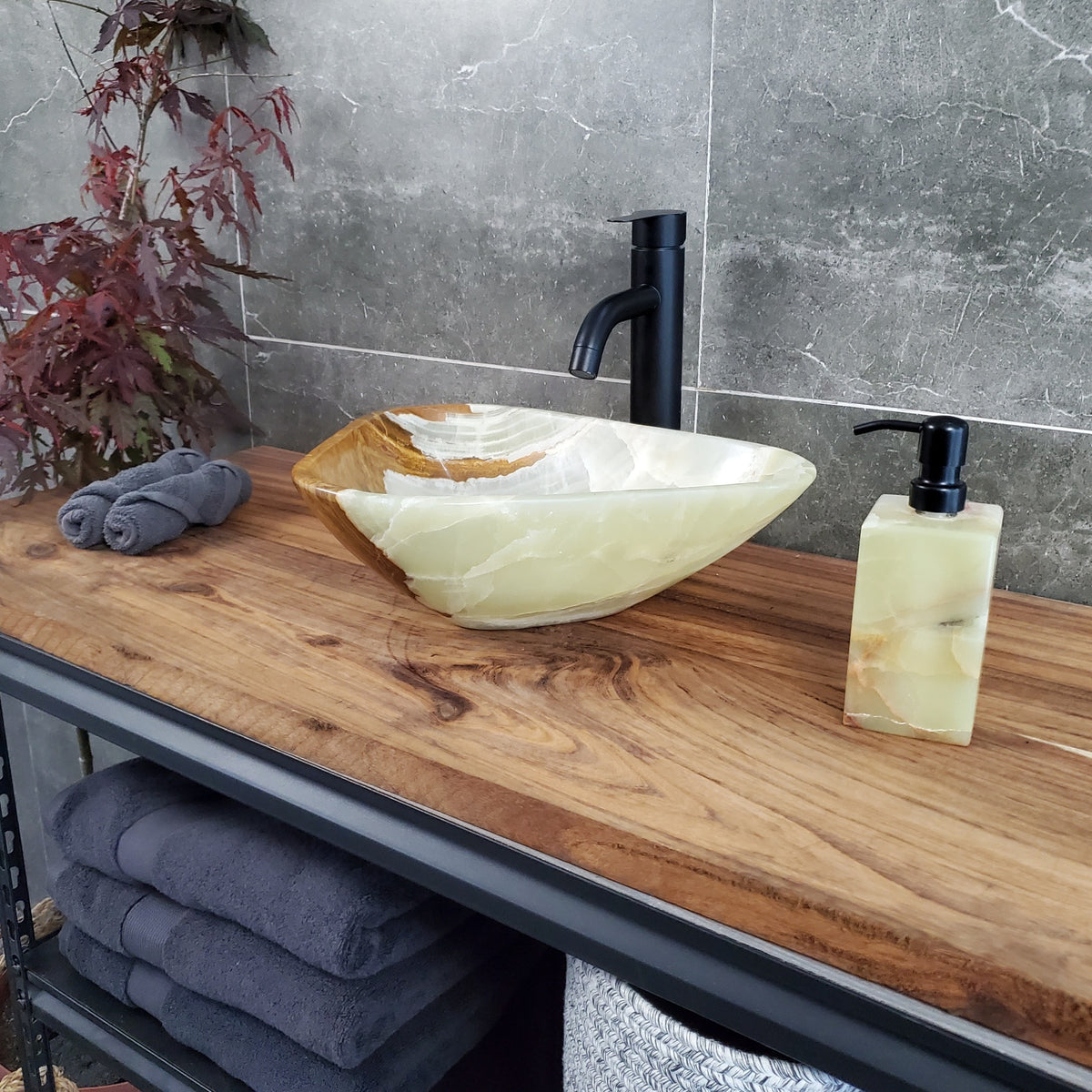 Green Onyx Vessel Sink, Natural Stone Vanity Basin, Polished Bathroom Countertop Sink, Spa Decor 15x12 Inch S40_26