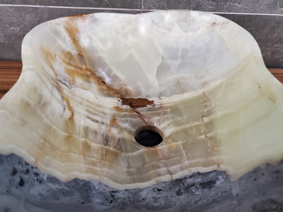 Green Onyx Marble Vessel Sink – Natural Stone Countertop Sink, Polished Vanity Basin, Luxury Spa Bathroom Decor 18x12.5 Inch S40_12 Bathroom Sinks Featured Onyx Sinks Sinks