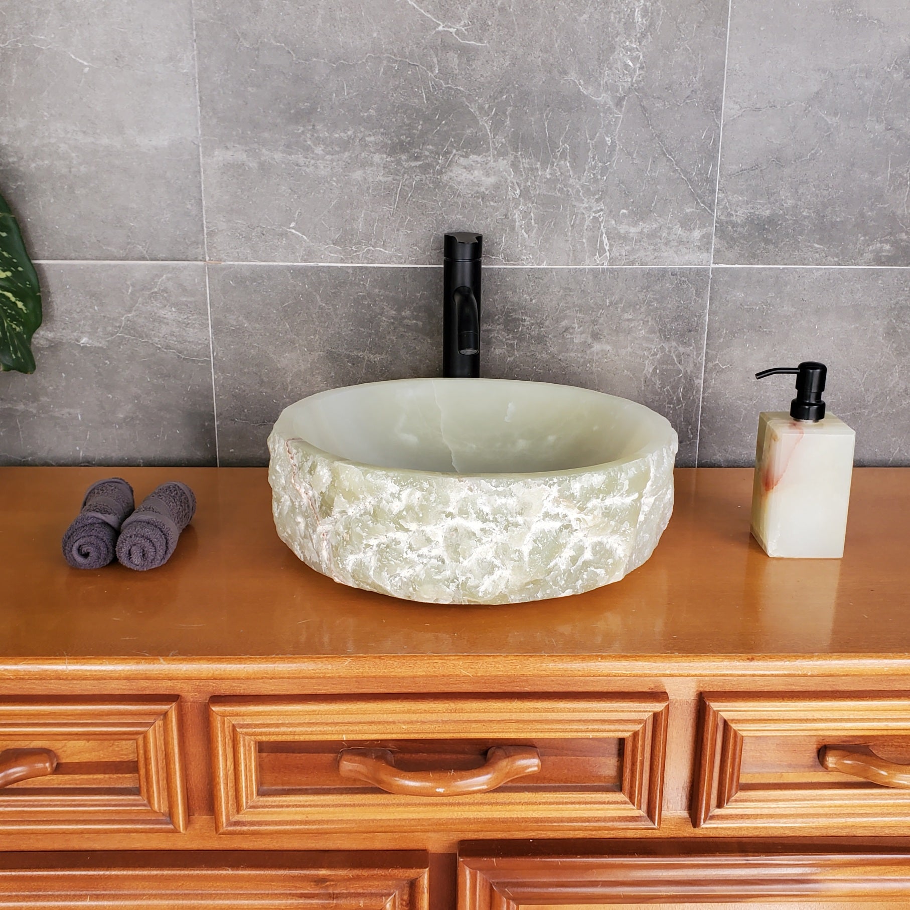 SET3708 - Onyx Stone Vessel Sink Set, Green, Master Bathroom Double Sinks Bathroom Sinks pair