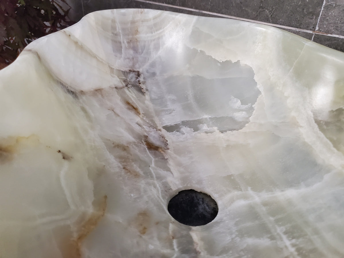 Green Onyx Vessel Sink, Natural Stone Vanity Basin, Polished Bathroom Countertop Sink, Spa Decor 18.5x13 Inch S40_24