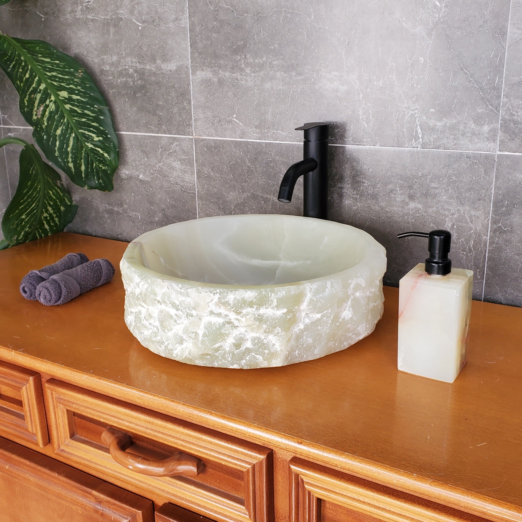 S37_21 Green Onyx Marble Vessel Sink – Natural Stone Countertop Sink, 15.5x15.5 Inch Bathroom Sinks Featured Onyx Sinks Sinks