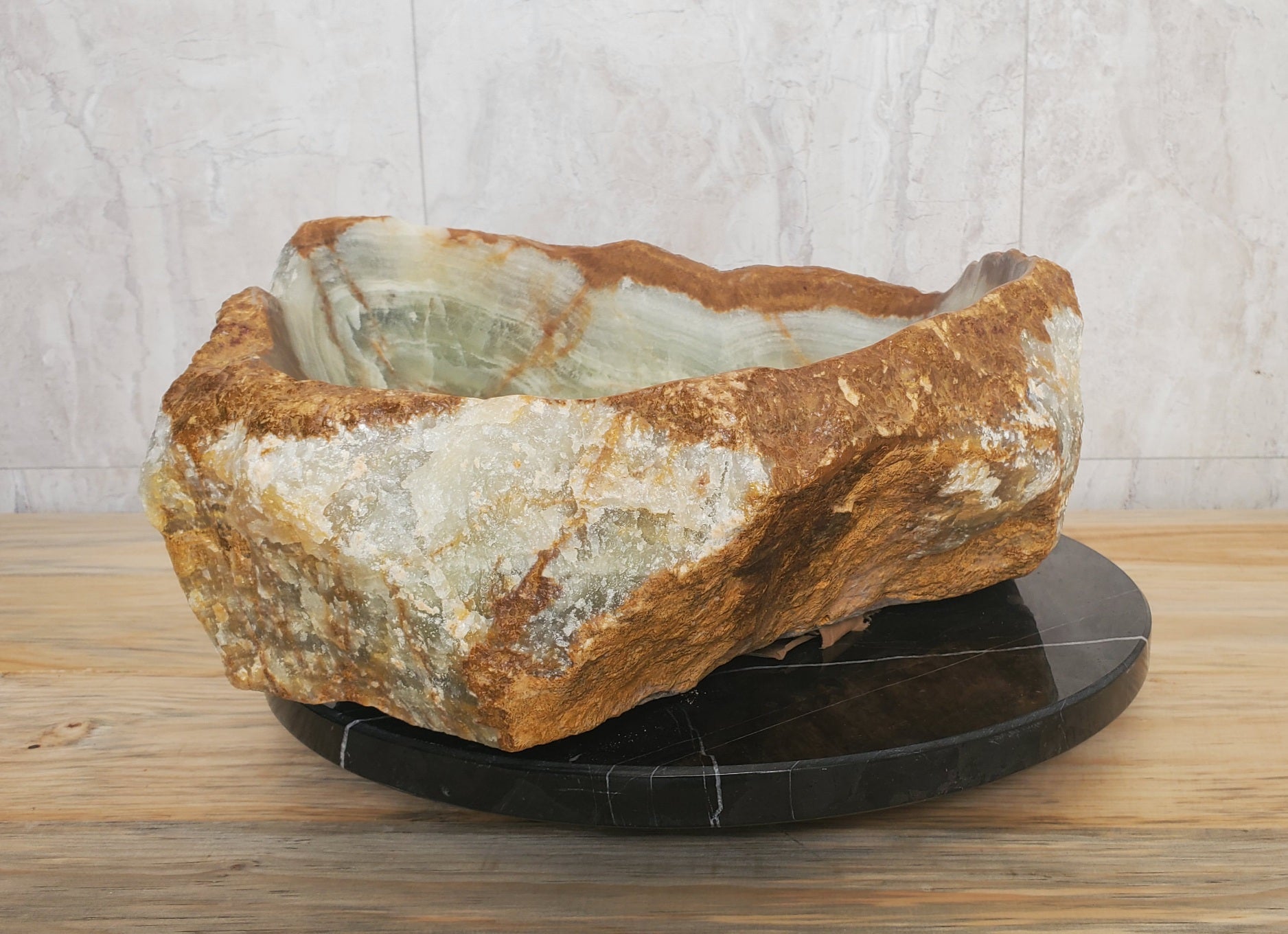  Green Onyx Stone Bathroom Vessel Sink. Epoxy Sealant is available with fast shipping. Standard drain size. A beautiful work of art. Handmade. Buy Now at www.felipeandgrace.com.