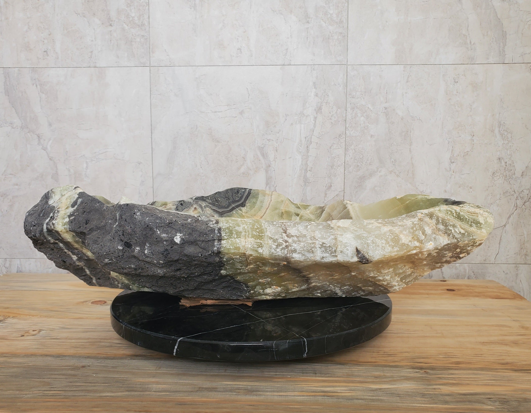 Green Onyx Stone Bathroom Vessel Sink. Epoxy Sealant is available with fast shipping. Standard drain size. A beautiful work of art. Handmade. Buy Now at www.felipeandgrace.com.