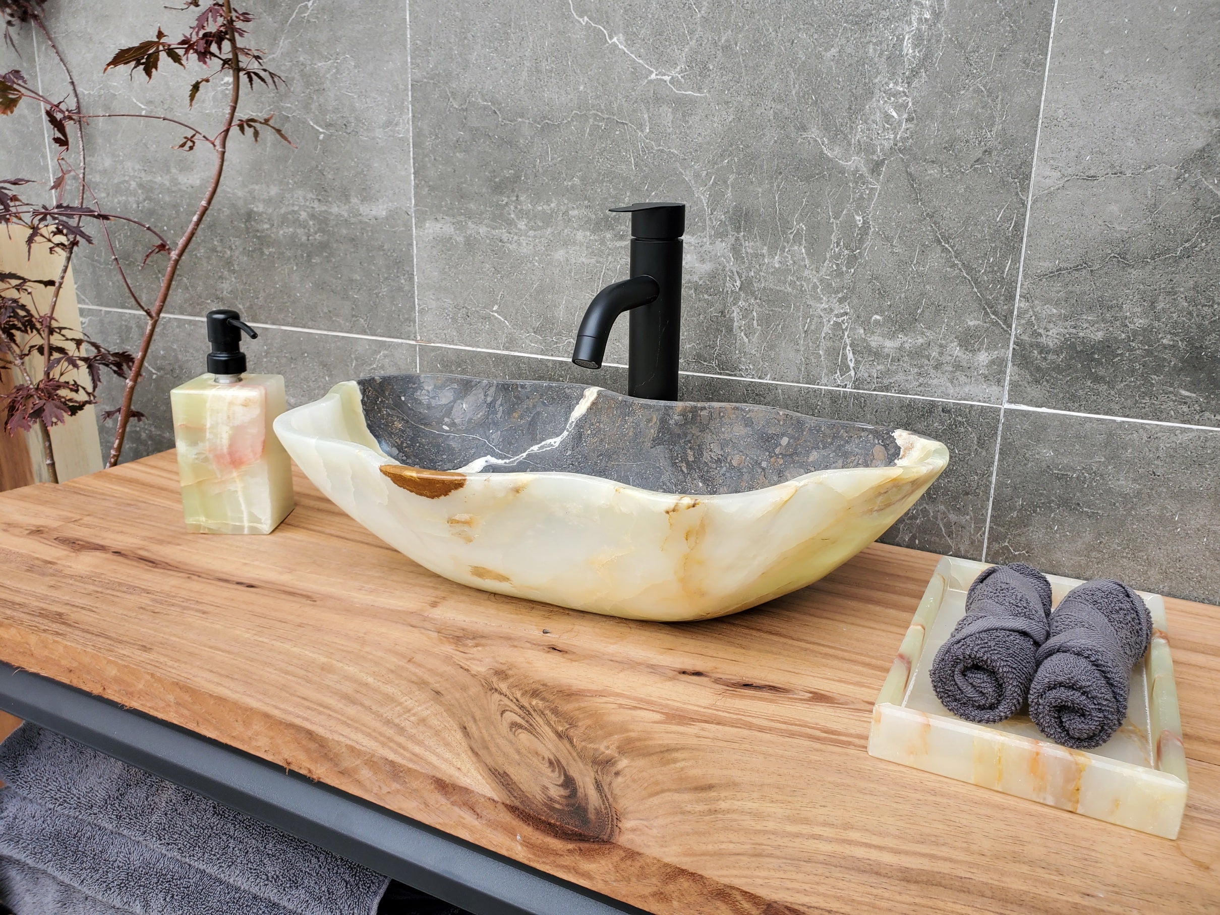 S30_16 Onyx Stone Vessel Bathroom Sink - 20 x 12 inch
