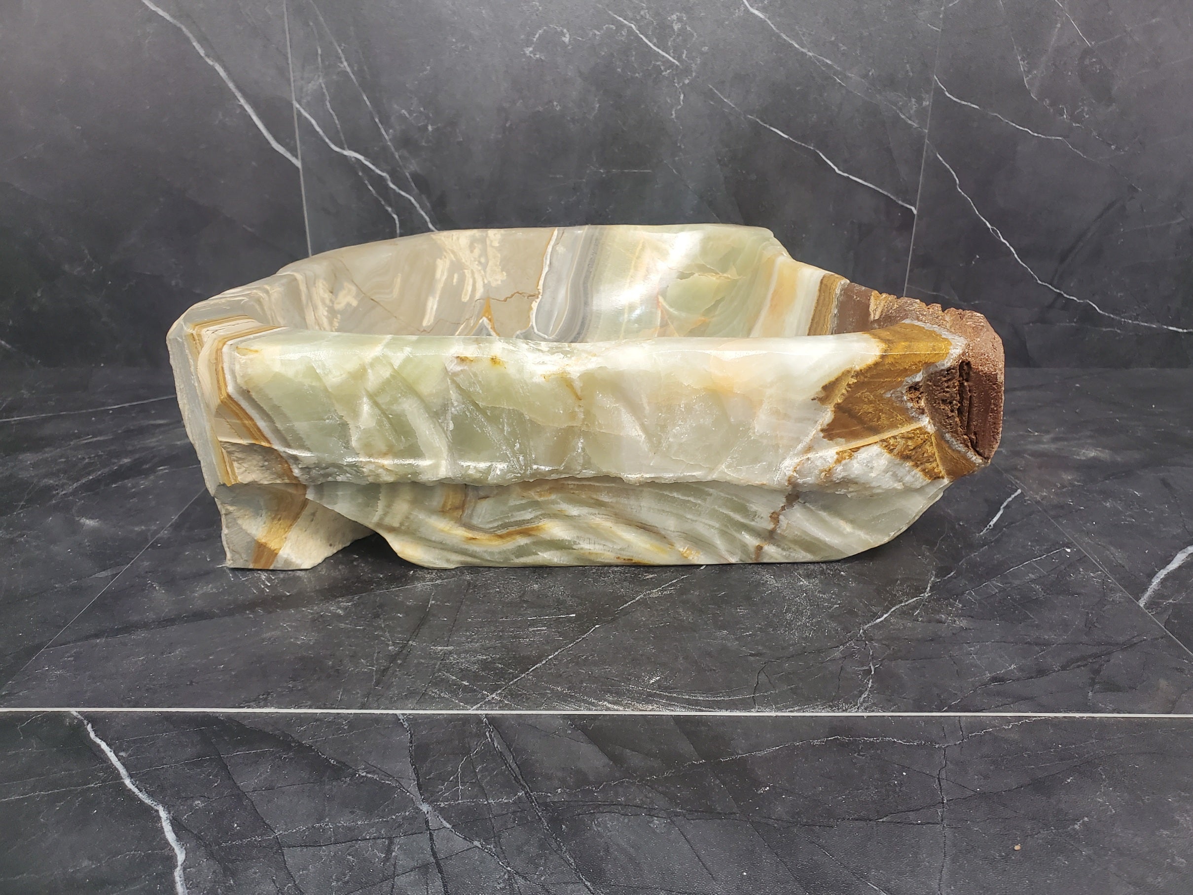 S25_13 Green Onyx Stone Vessel Bathroom Sink - 14 x 13.5 inch