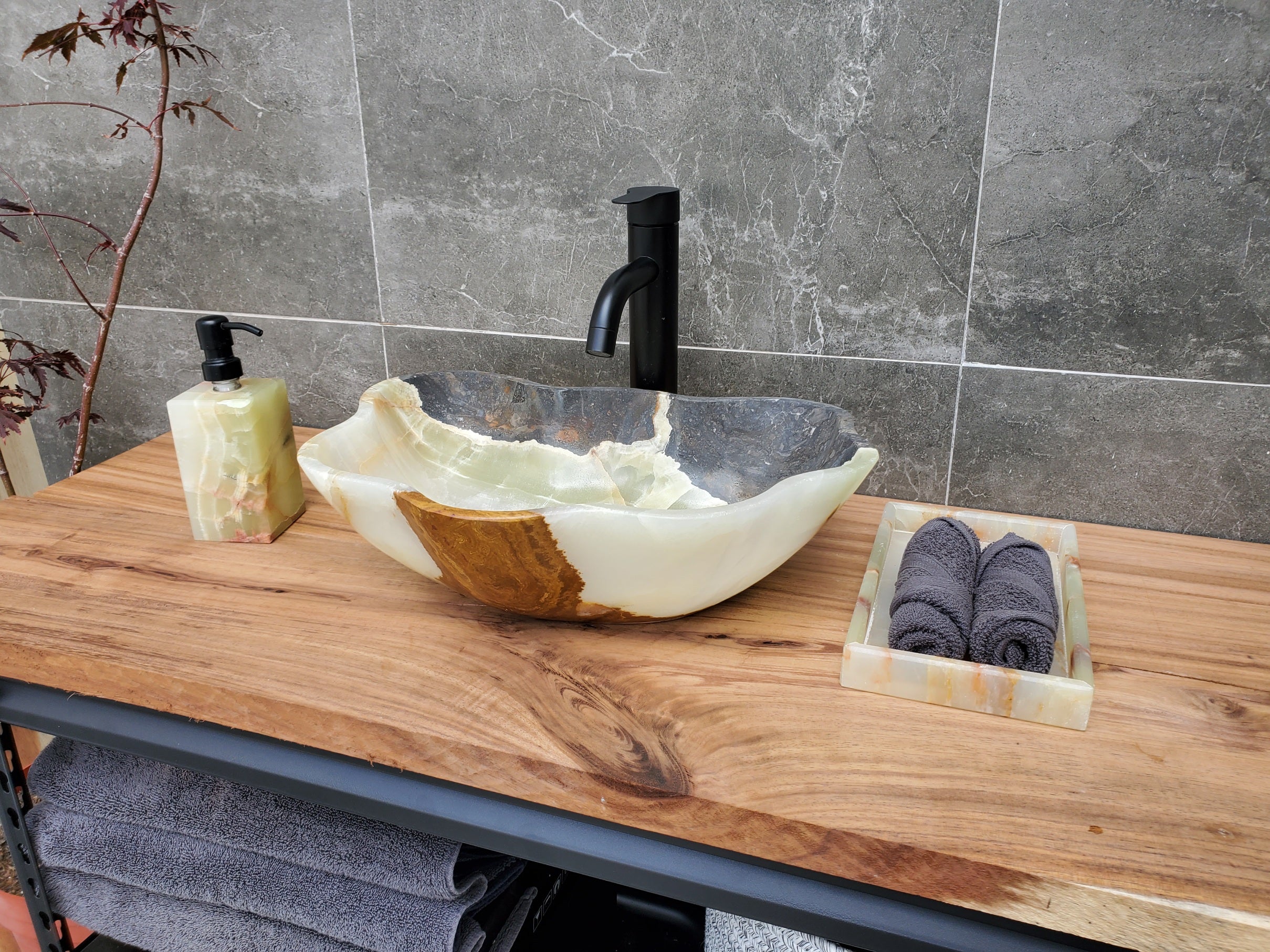 S30_17 Onyx Stone Vessel Bathroom Sink - 17 x 12 inch