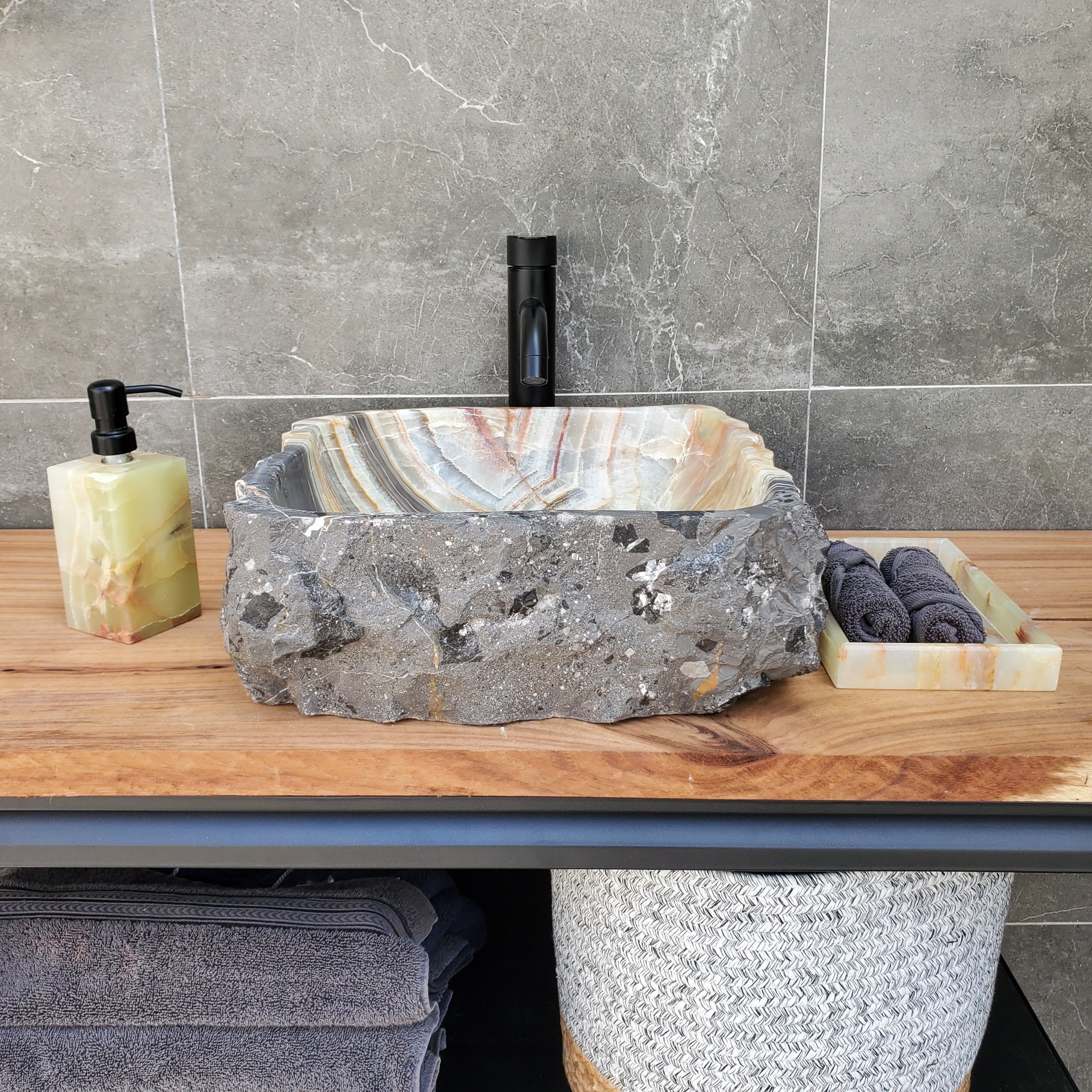 S30_25 Onyx Stone Vessel Bathroom Sink - 15 x 15 inch