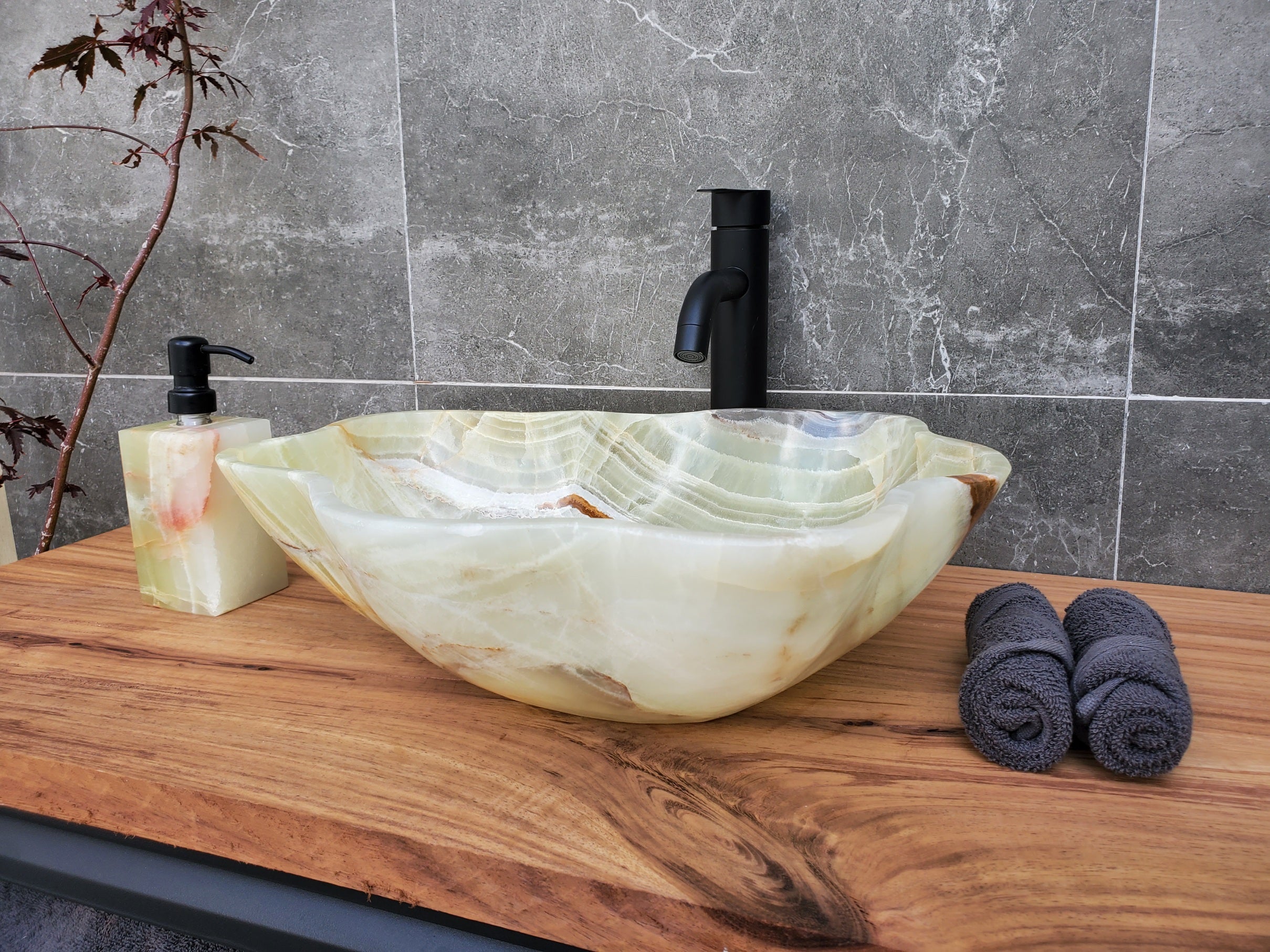 S30_14 Onyx Stone Vessel Bathroom Sink - 17.5 x 16 inch
