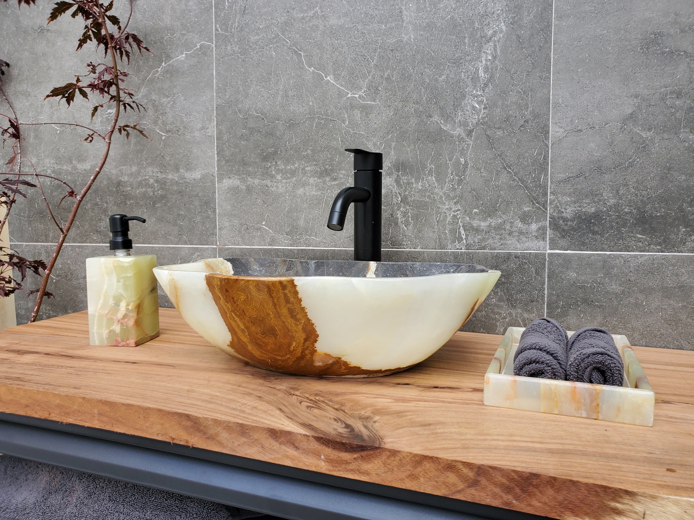 S30_17 Onyx Stone Vessel Bathroom Sink - 17 x 12 inch