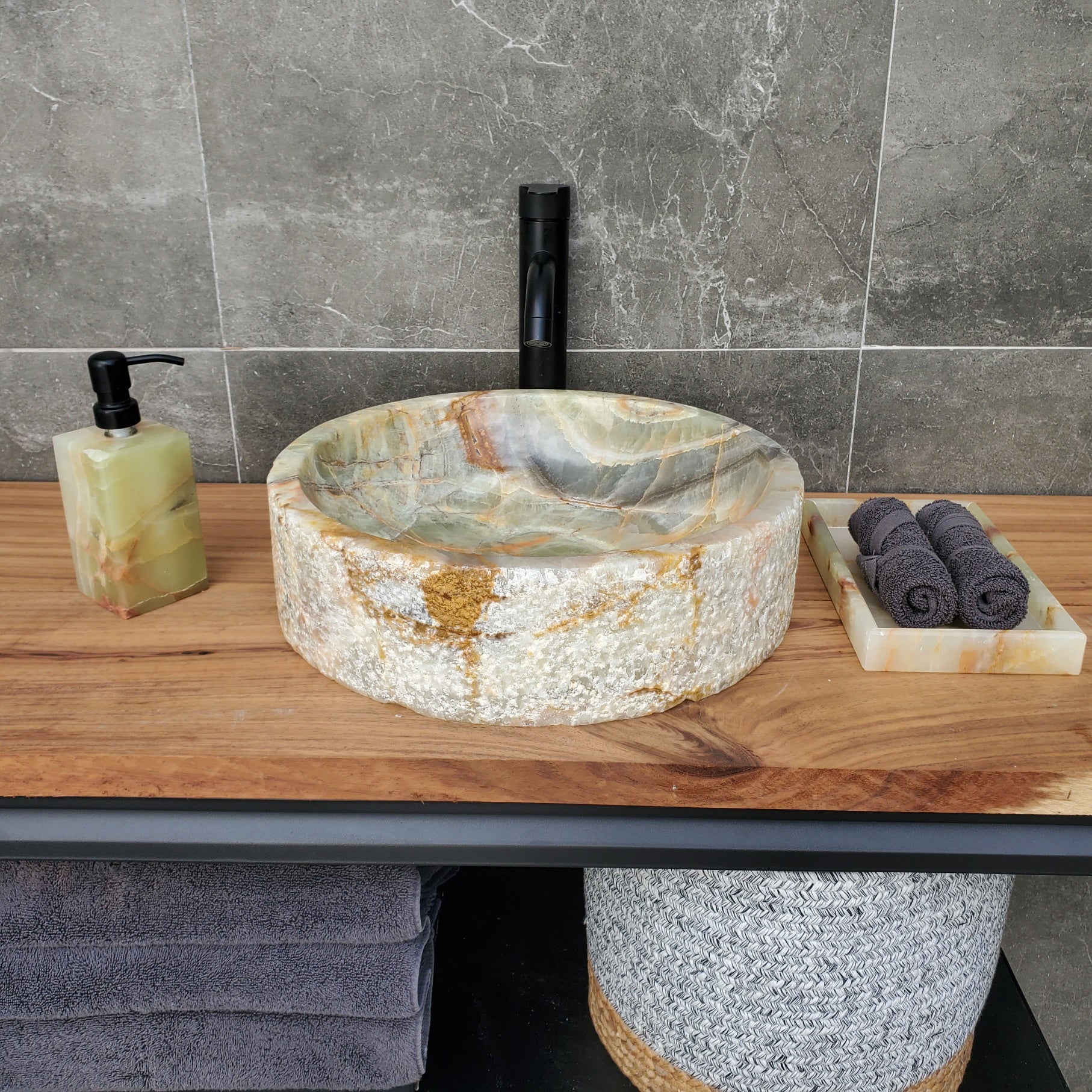 S29_29 Onyx Stone Vessel Bathroom Sink - 15 x 15 inch