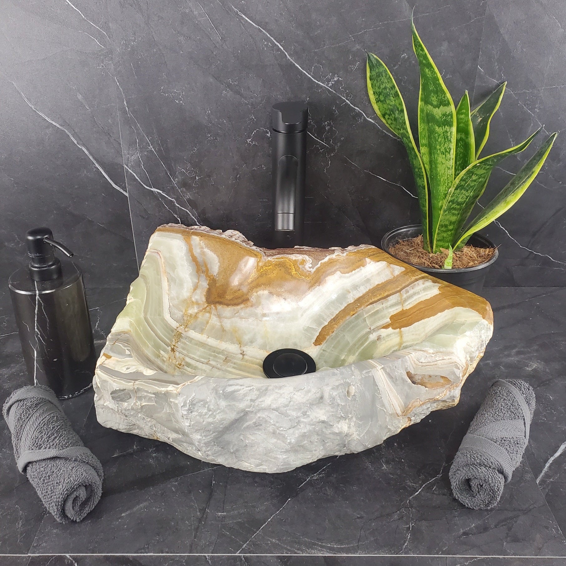 S25_09 Green Onyx Stone Vessel Bathroom Sink - 15.5 x 14 inch