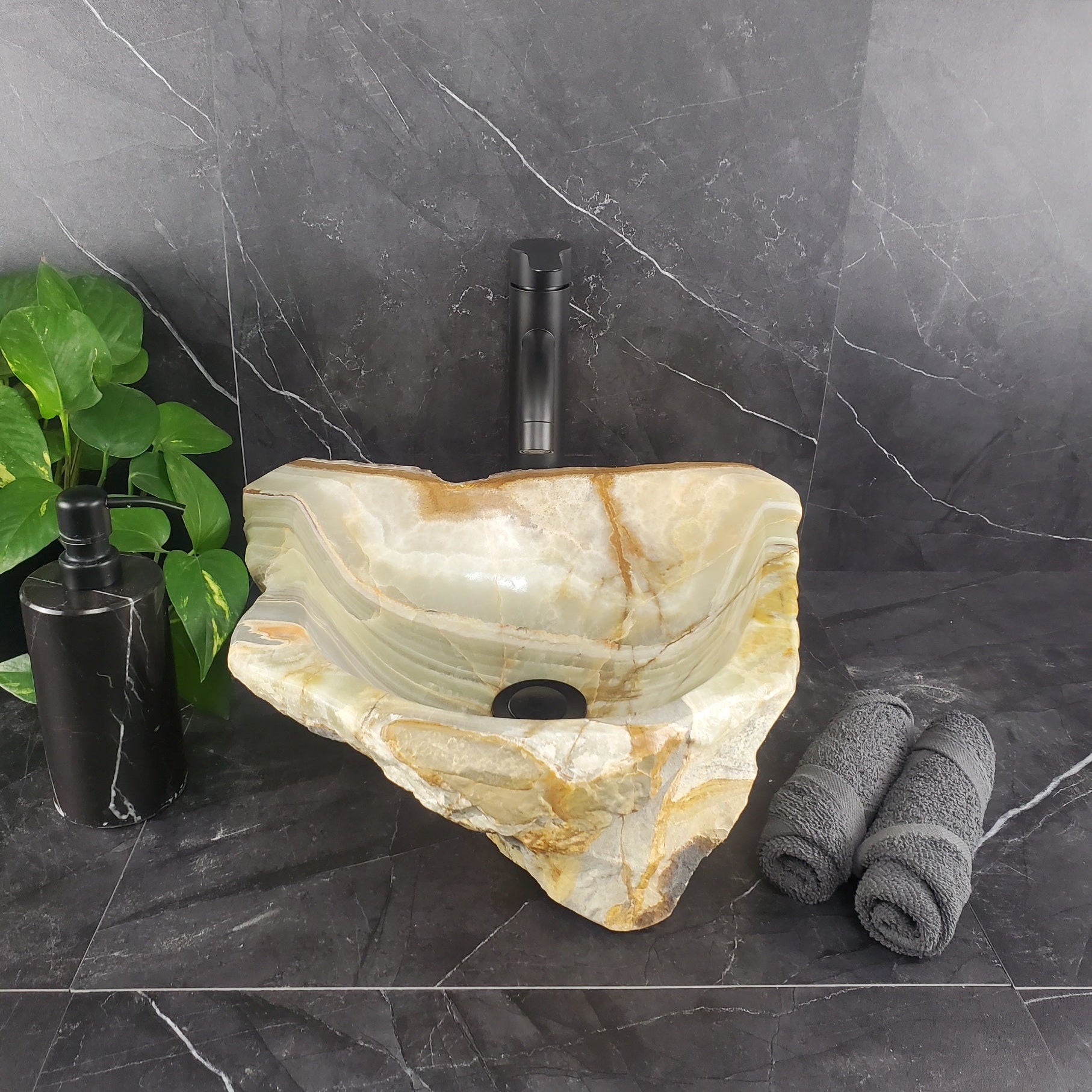 S25_08 Green Onyx Stone Vessel Bathroom Sink - 16 x 14.5 inch