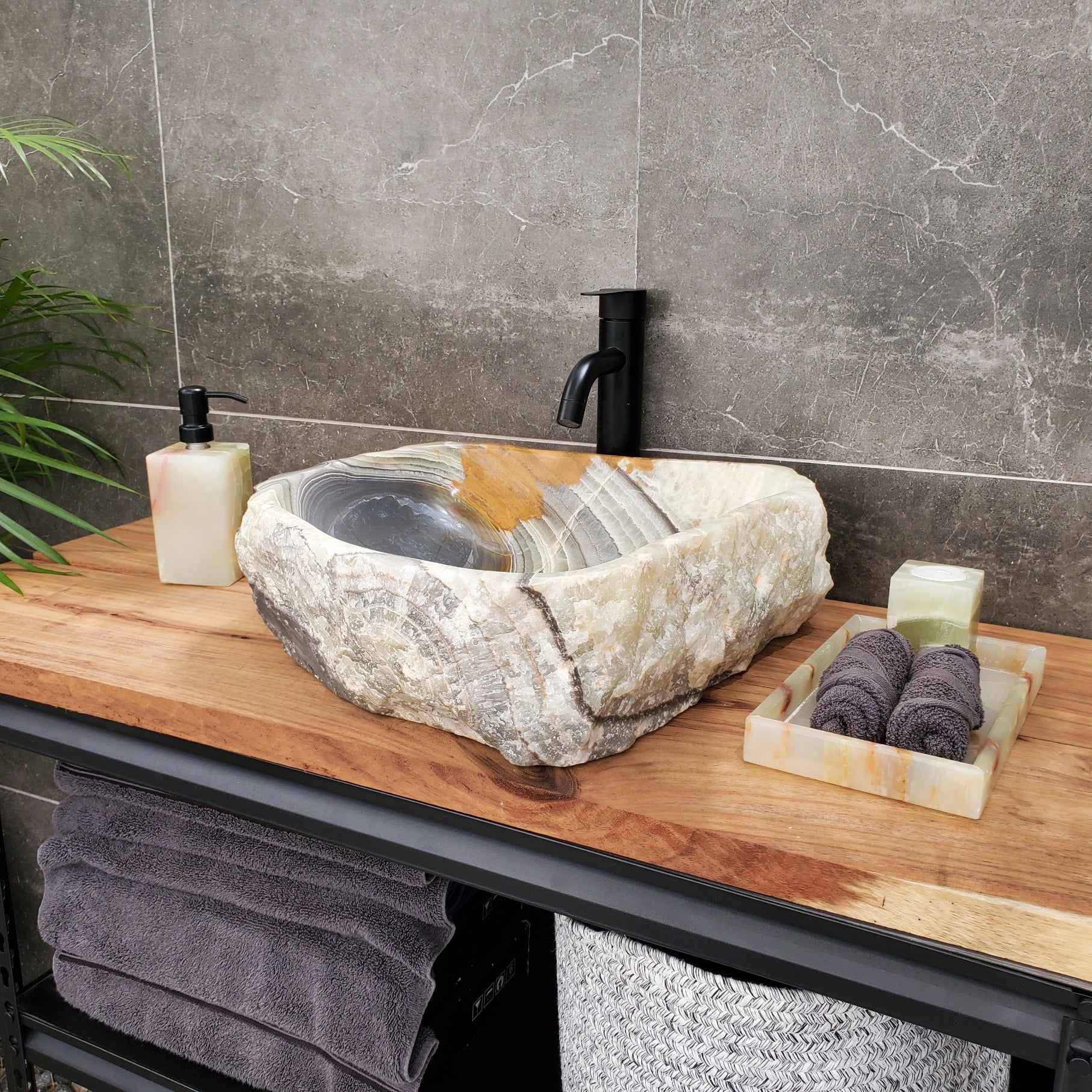 S30_34 Onyx Stone Vessel Bathroom Sink - 17.5 x 16.5 inch