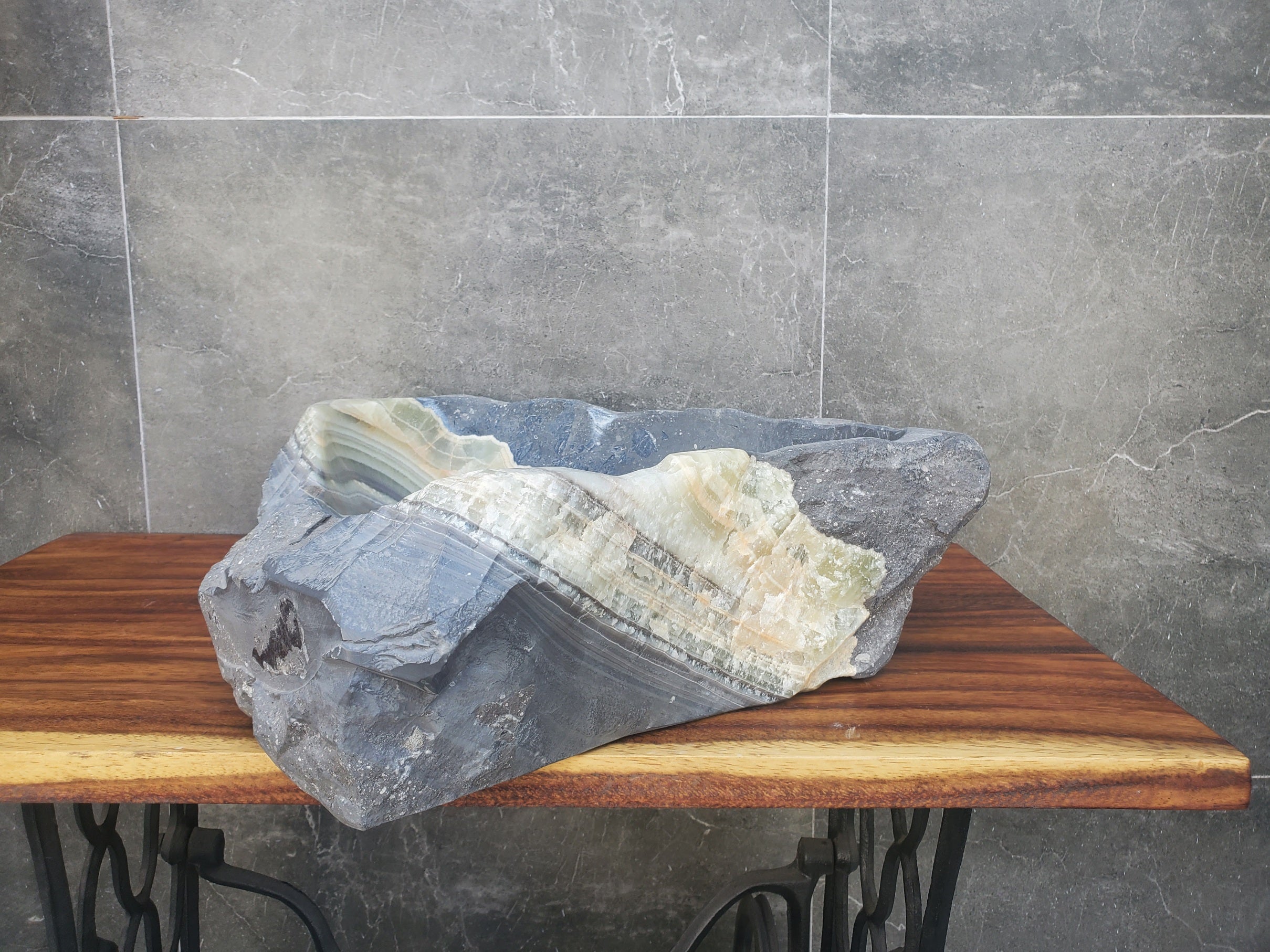 S22_12 Green and Slate Grey Onyx Stone Vessel Bathroom Sink