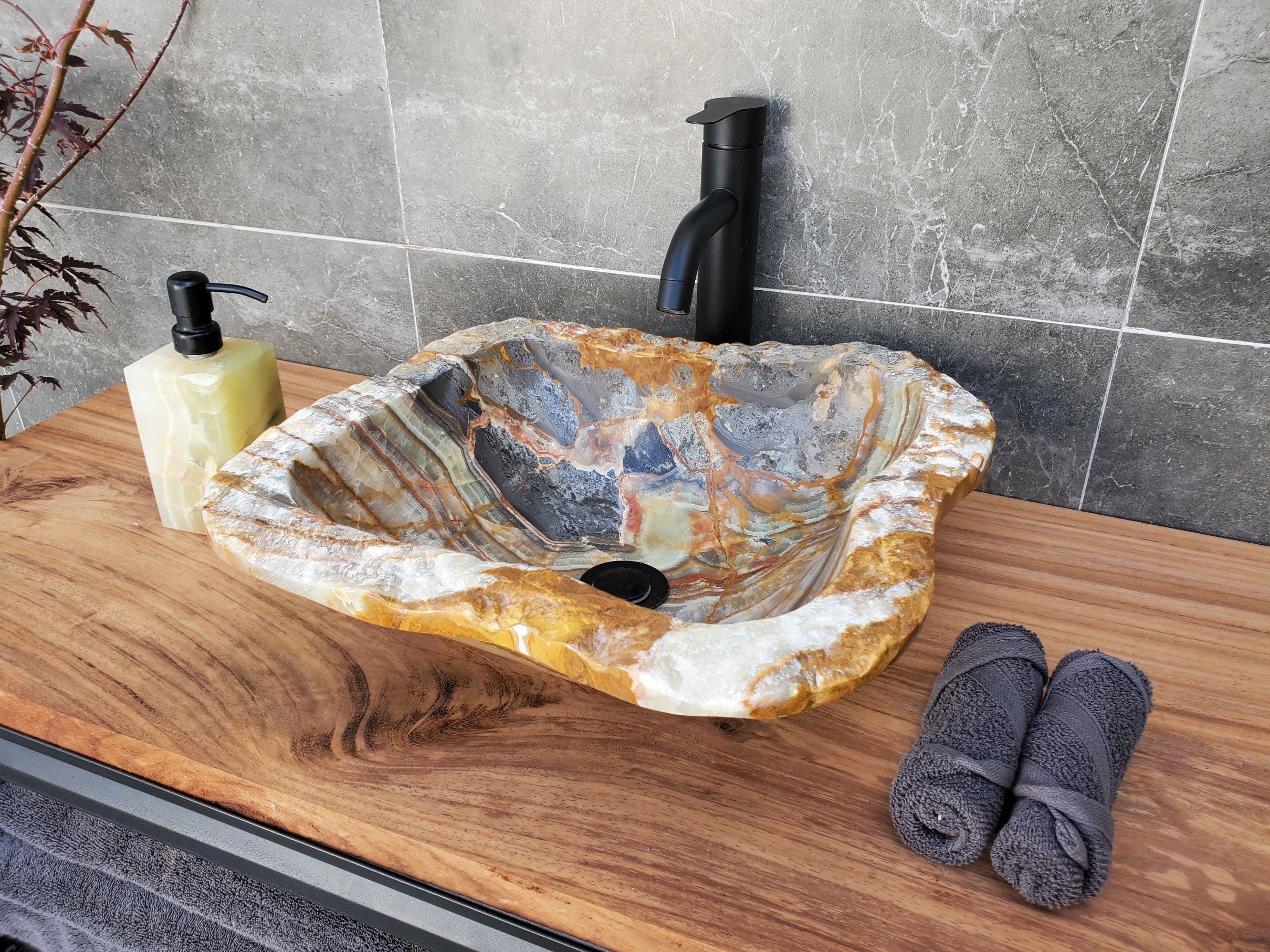 S29_15 Onyx Stone Vessel Bathroom Sink - 16 x 15.5 inch