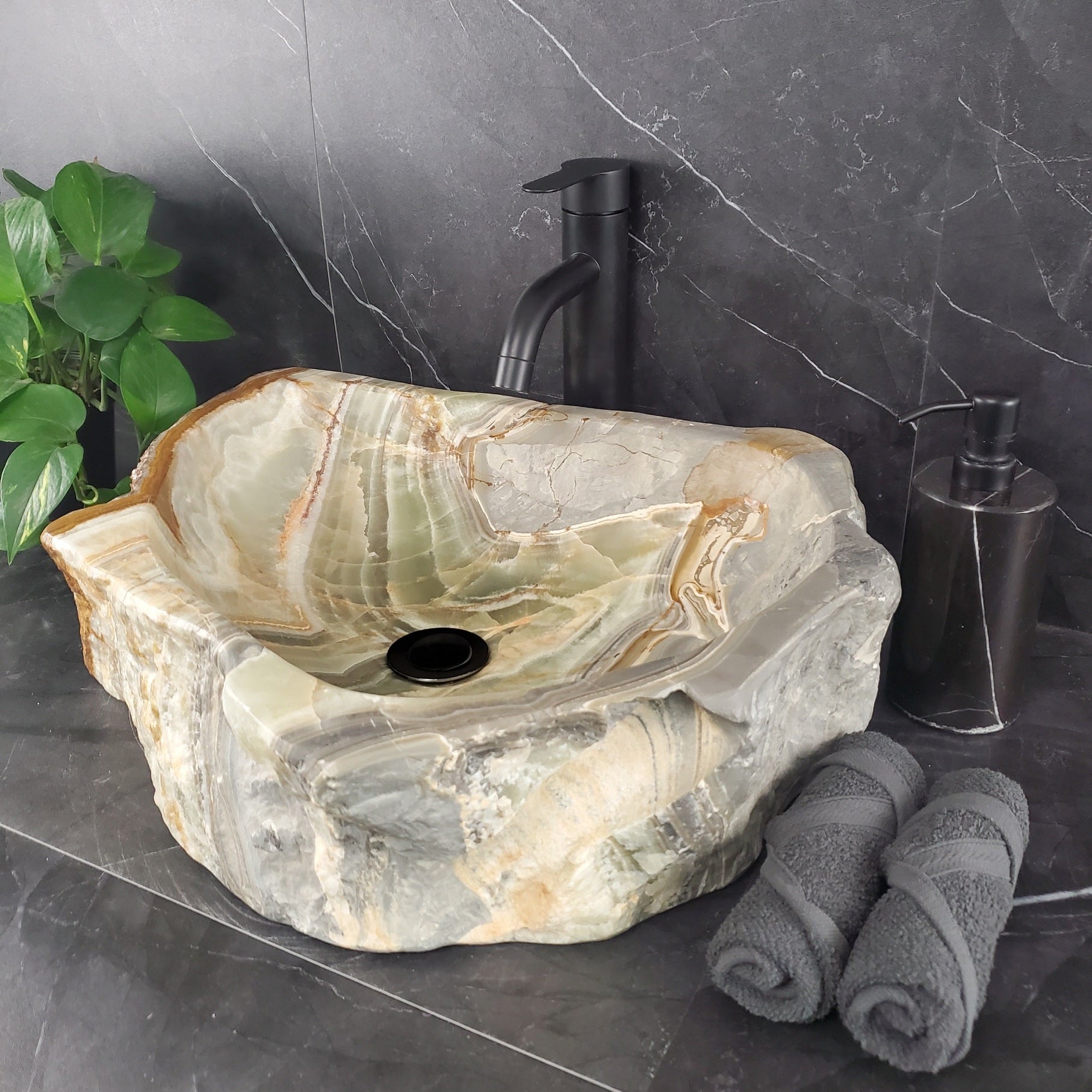 S25_12 Green Onyx Stone Vessel Bathroom Sink - 18 x 17 inch