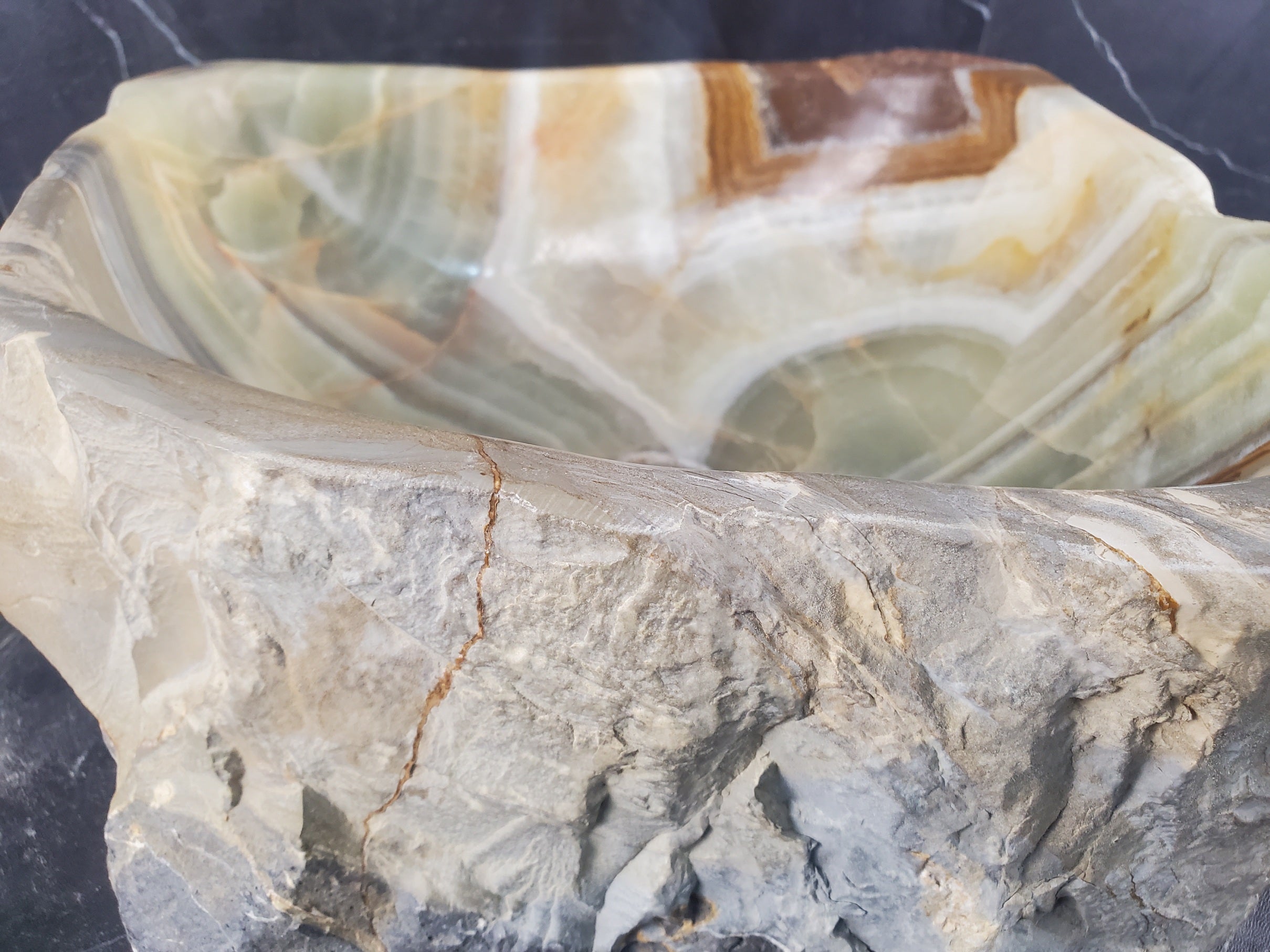 S25_13 Green Onyx Stone Vessel Bathroom Sink - 14 x 13.5 inch