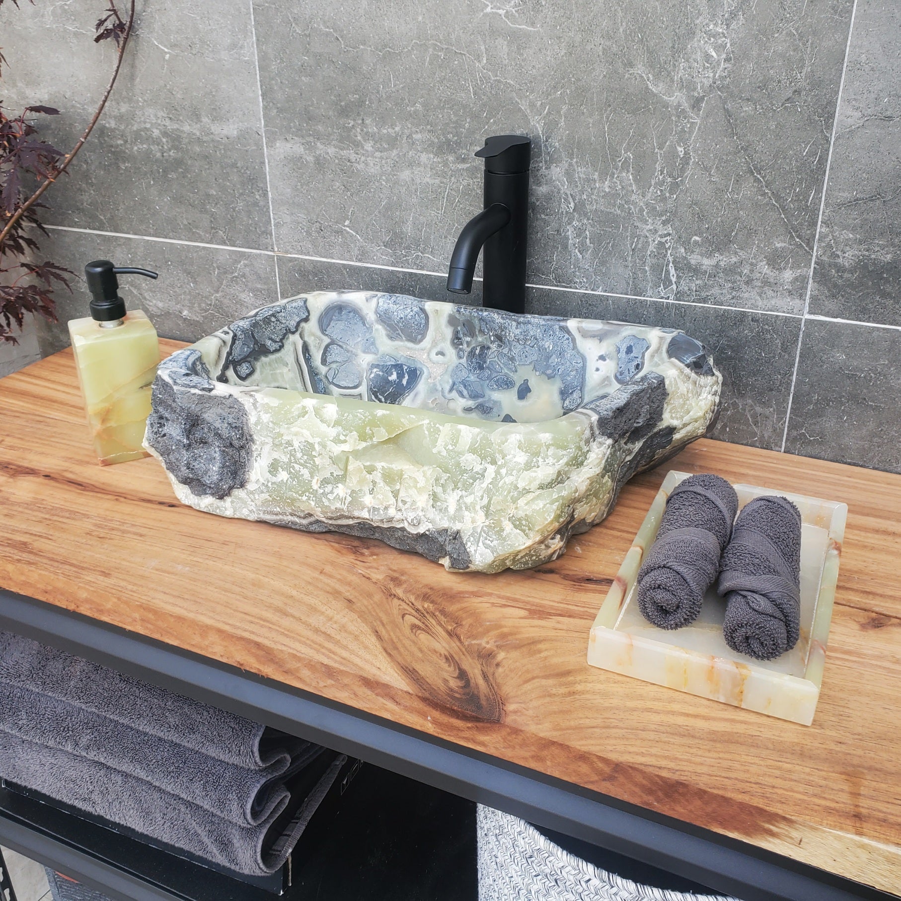 S30_21 Onyx Stone Vessel Bathroom Sink - 16.5 x 11 inch