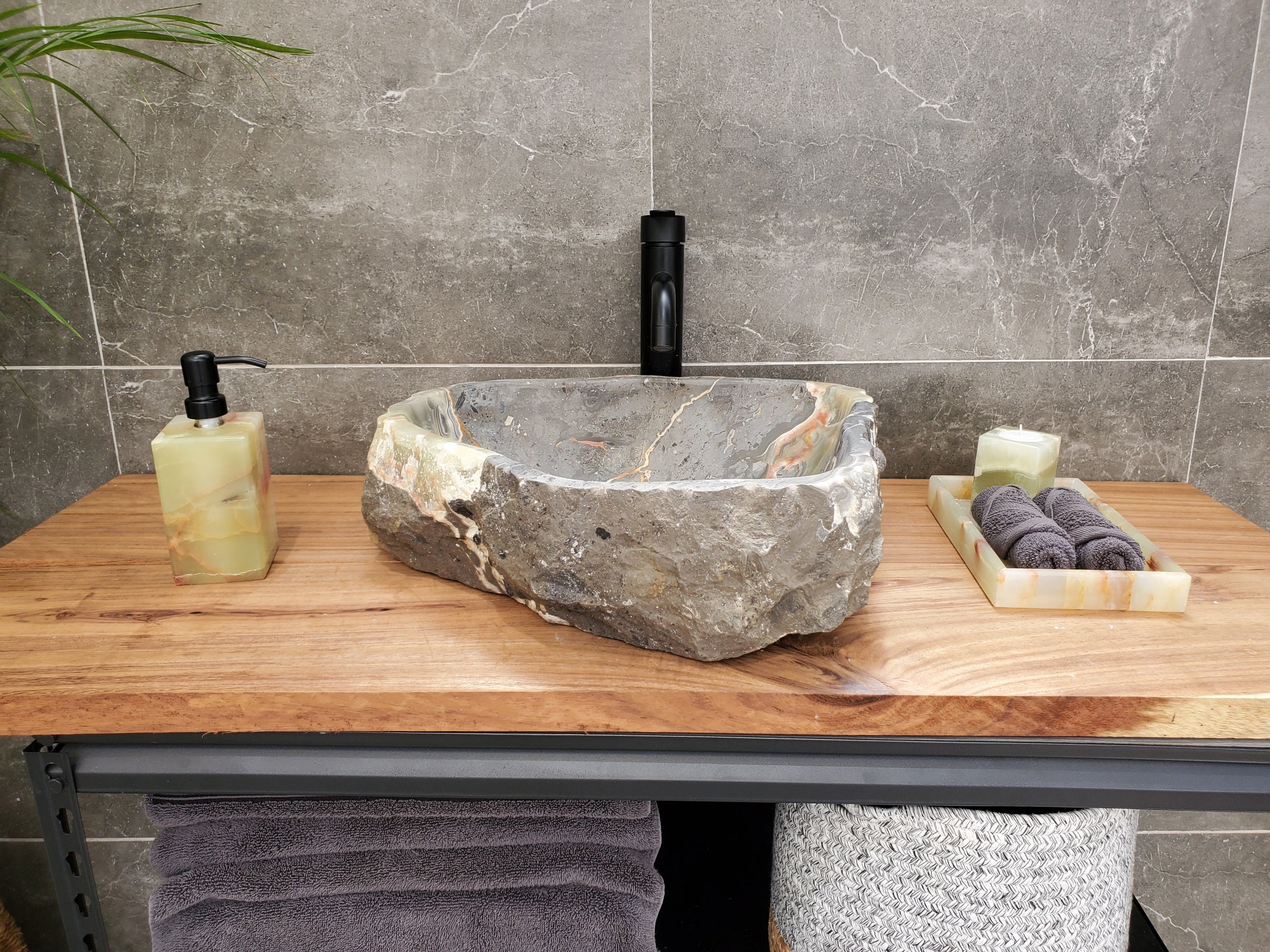 S30_38 Onyx Stone Vessel Bathroom Sink - 17 x 14.5 inch