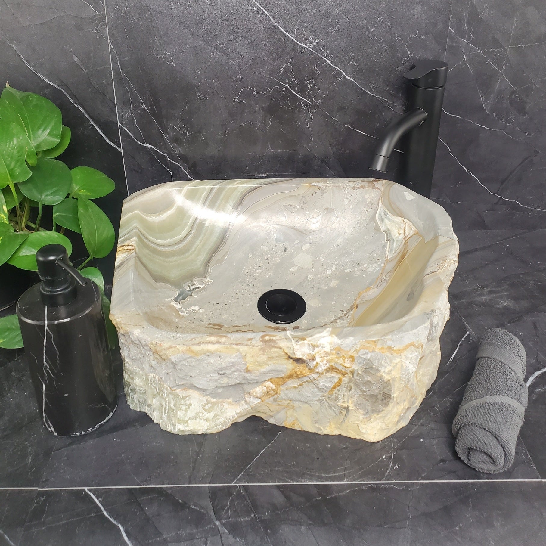 S25_10 Green Onyx Stone Vessel Bathroom Sink - 16 x 14 inch