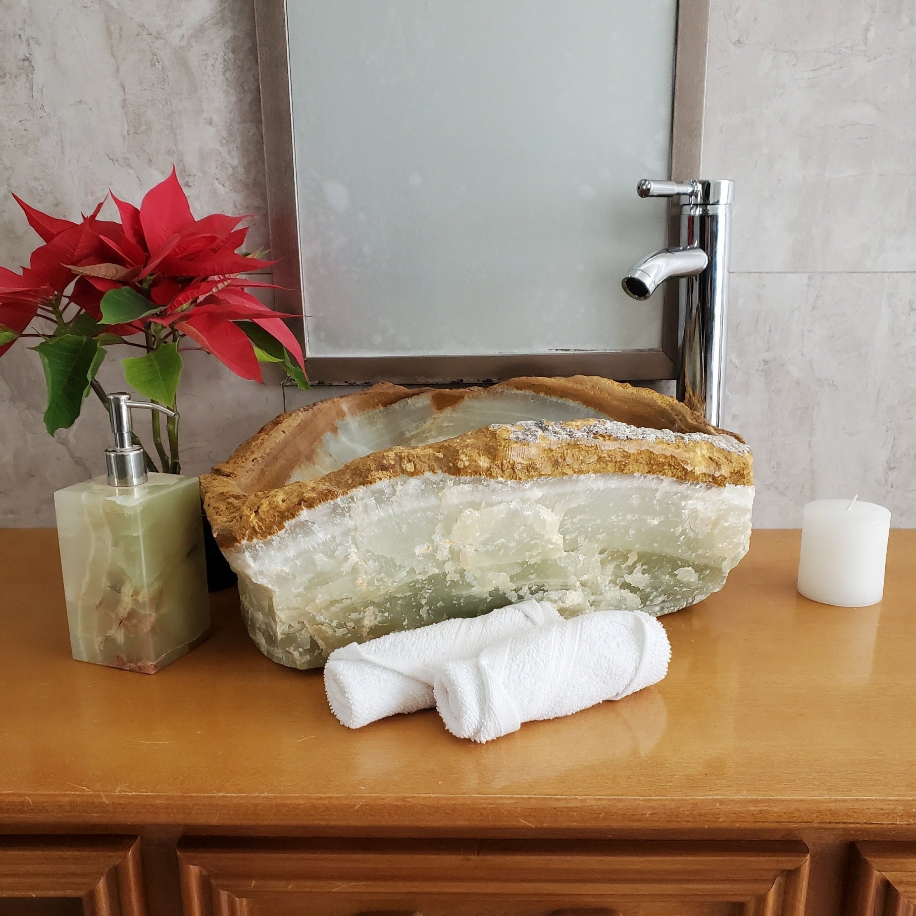 S23_30 Onyx Stone Vessel Bathroom Sink - 15 x 13 inch