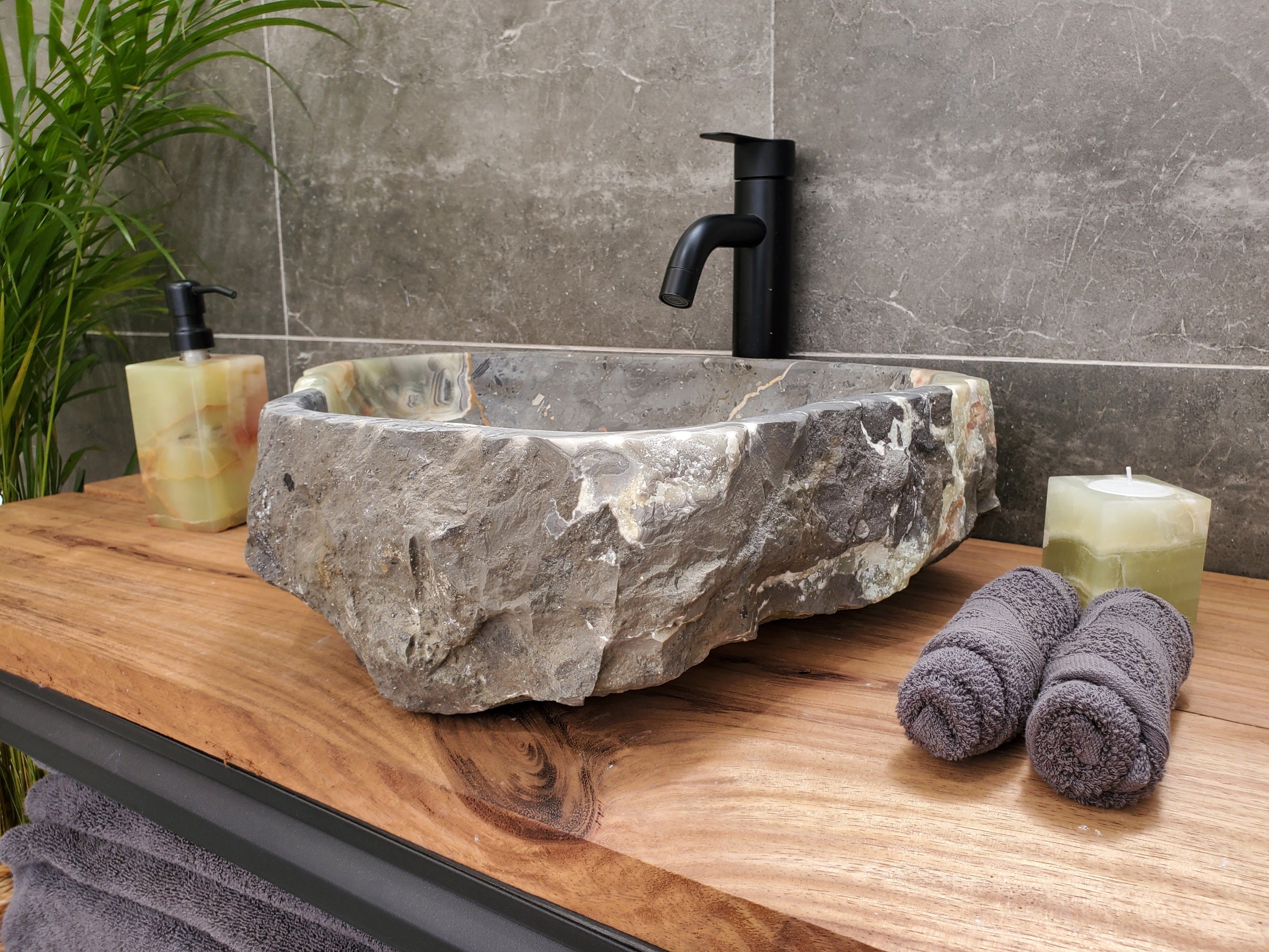 S30_38 Onyx Stone Vessel Bathroom Sink - 17 x 14.5 inch
