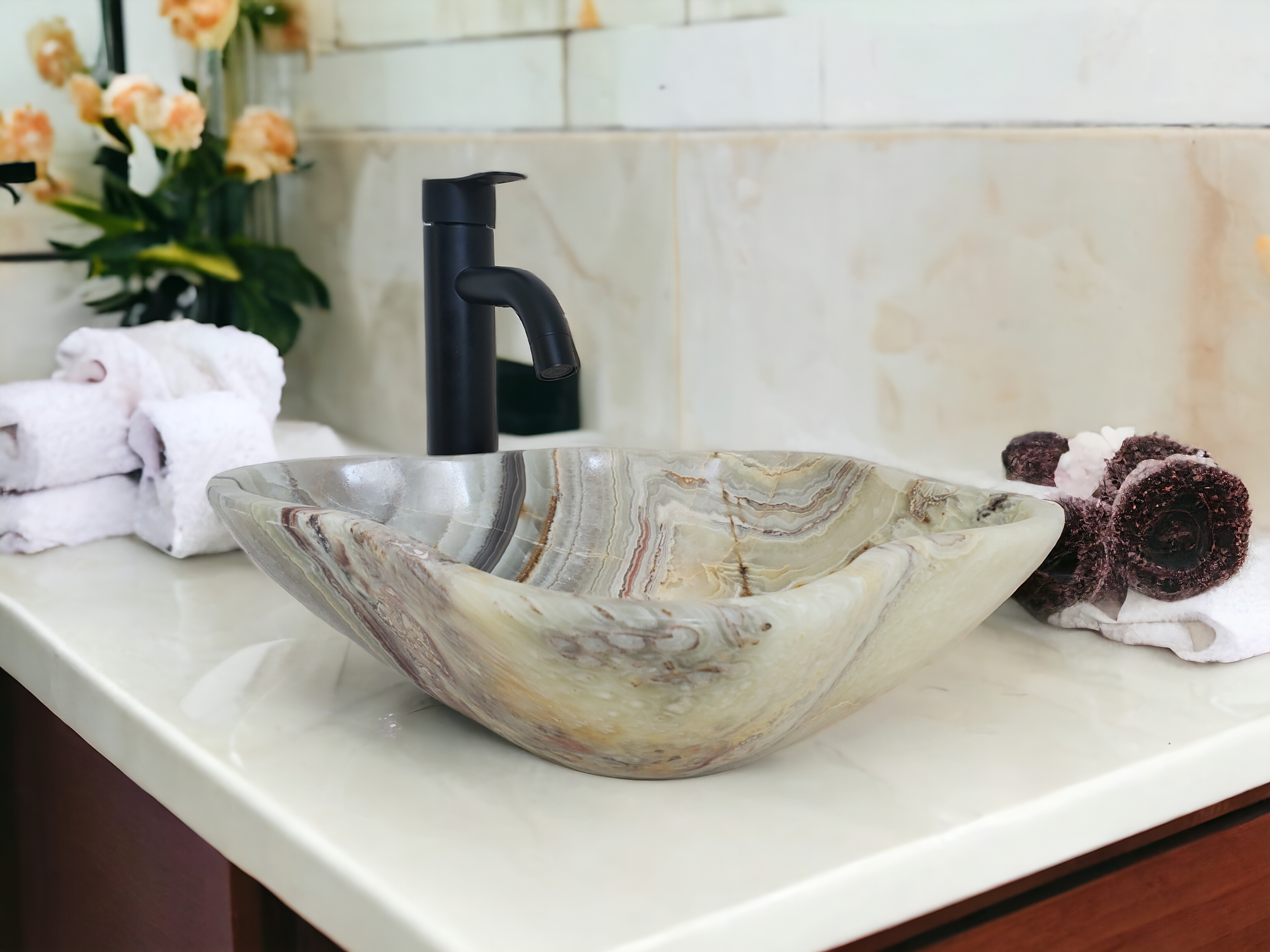 S21_05 Onyx Stone Vessel Bathroom Sink - 17.5 x 13.5 inch