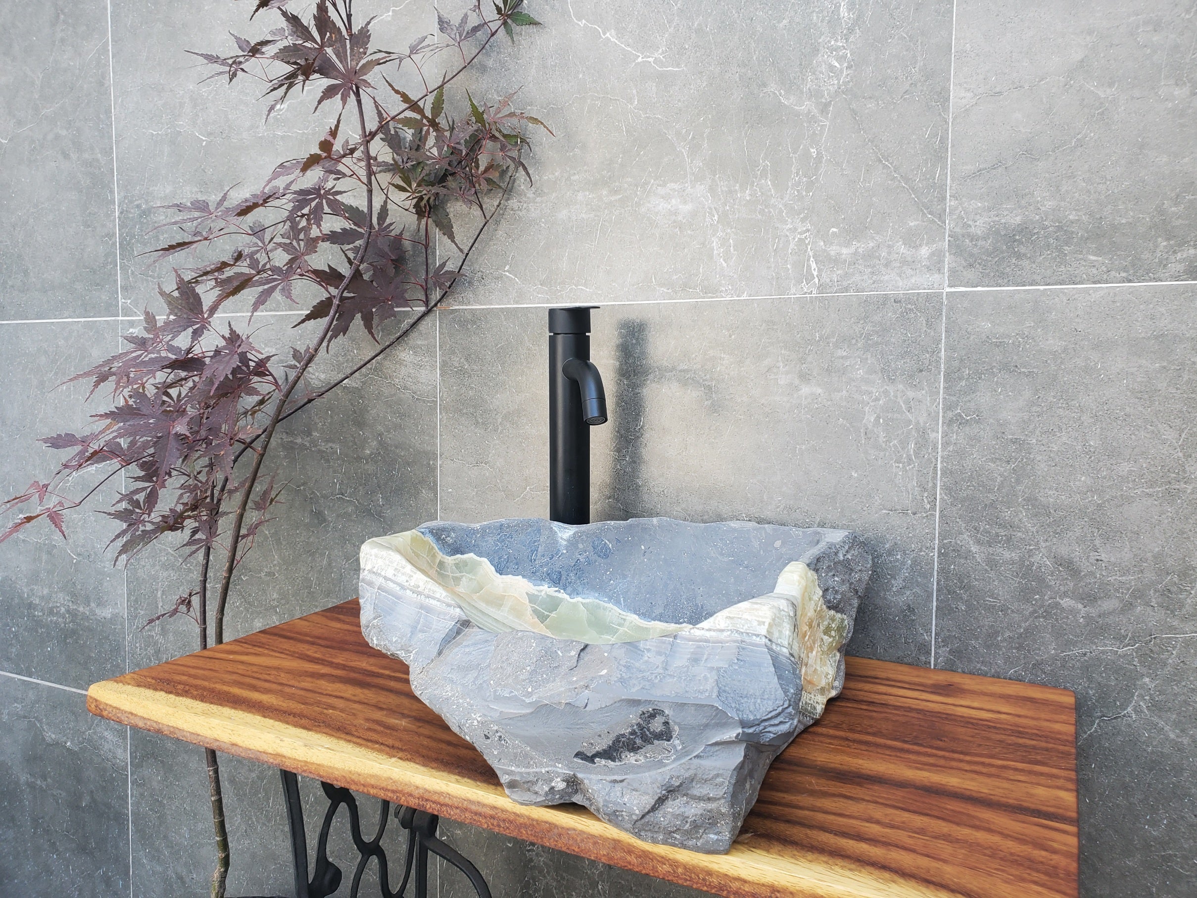 S22_12 Green and Slate Grey Onyx Stone Vessel Bathroom Sink