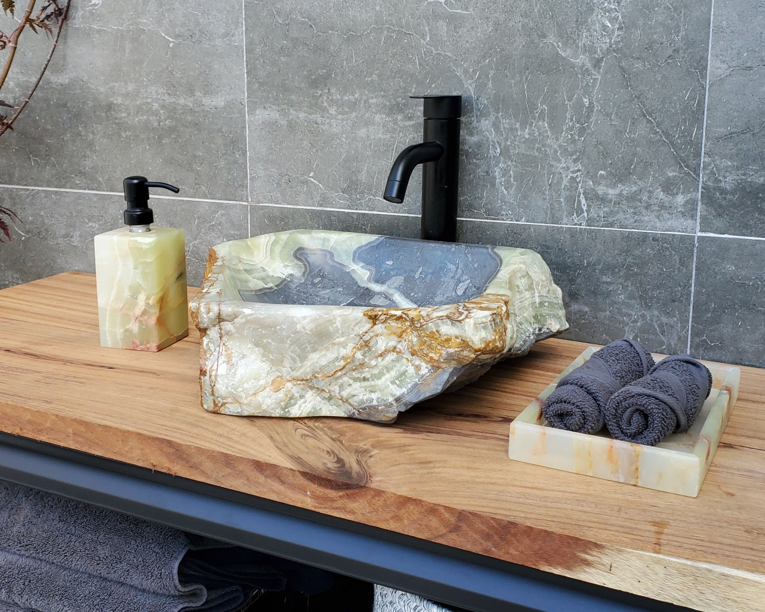 S30_19 Onyx Stone Vessel Bathroom Sink - 14 x 14 inch