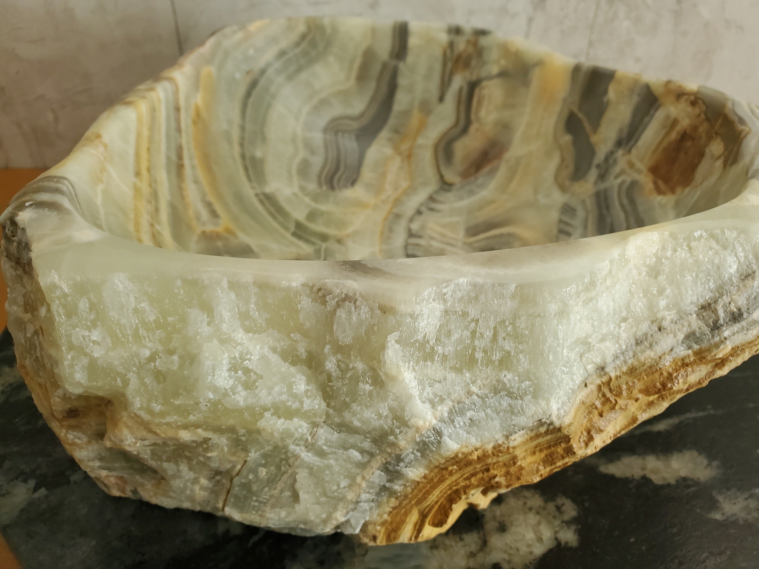 S23_19 Green and Brown Onyx Stone Vessel Bathroom Sink - 15 x 13 inch