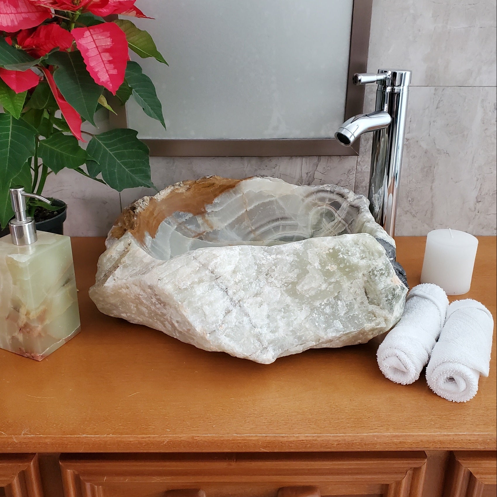 S23_25 Onyx Stone Vessel Bathroom Sink - 15 x 14 inch