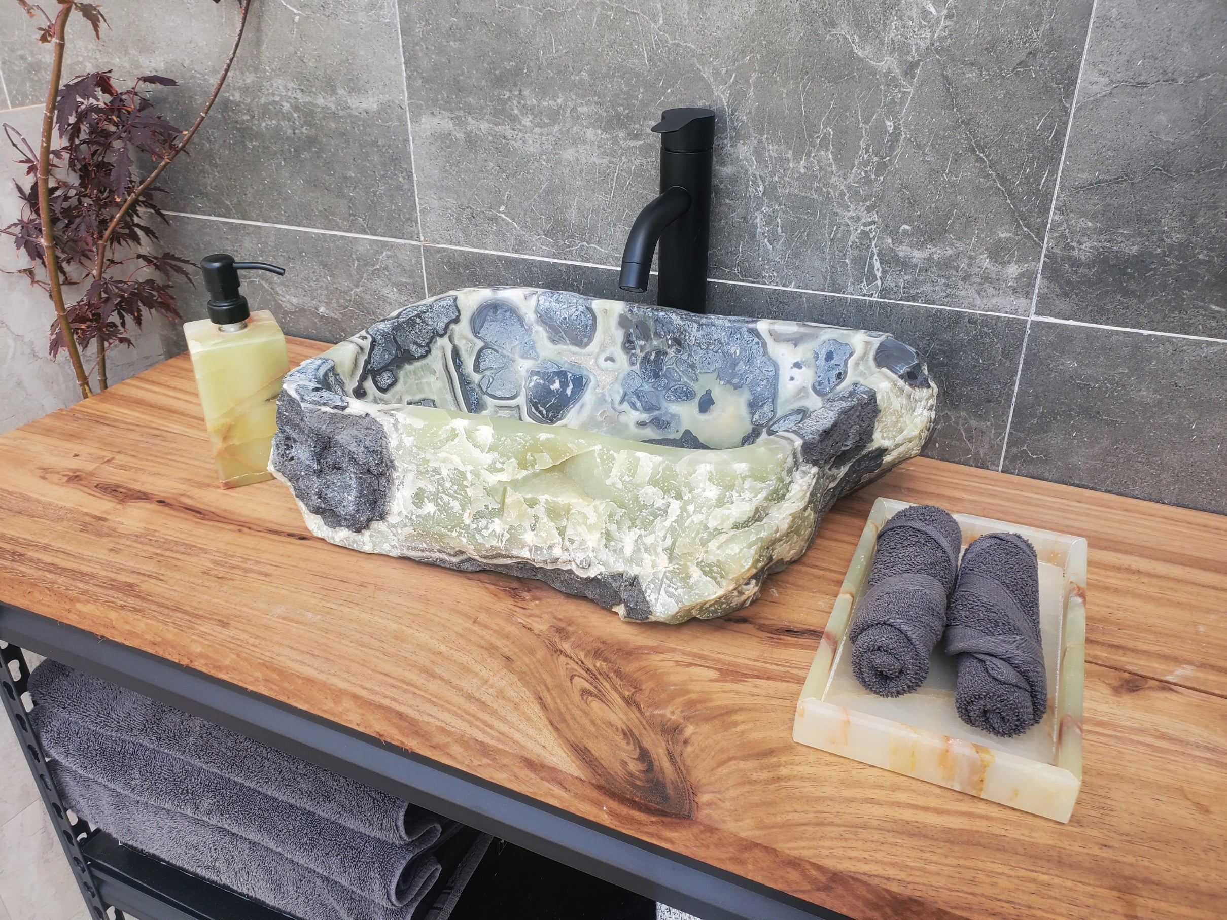 S30_21 Onyx Stone Vessel Bathroom Sink - 16.5 x 11 inch