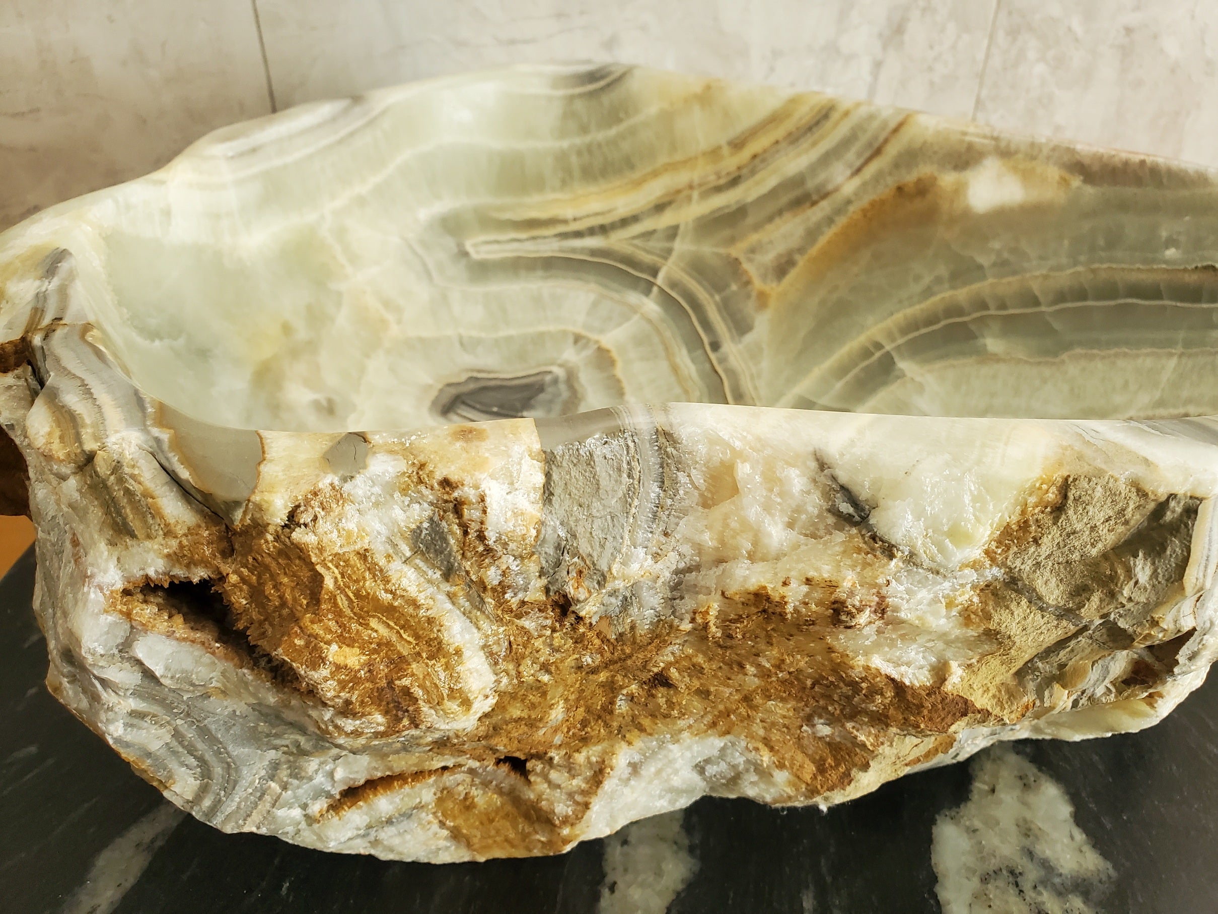 S23_19 Green and Brown Onyx Stone Vessel Bathroom Sink - 15 x 13 inch