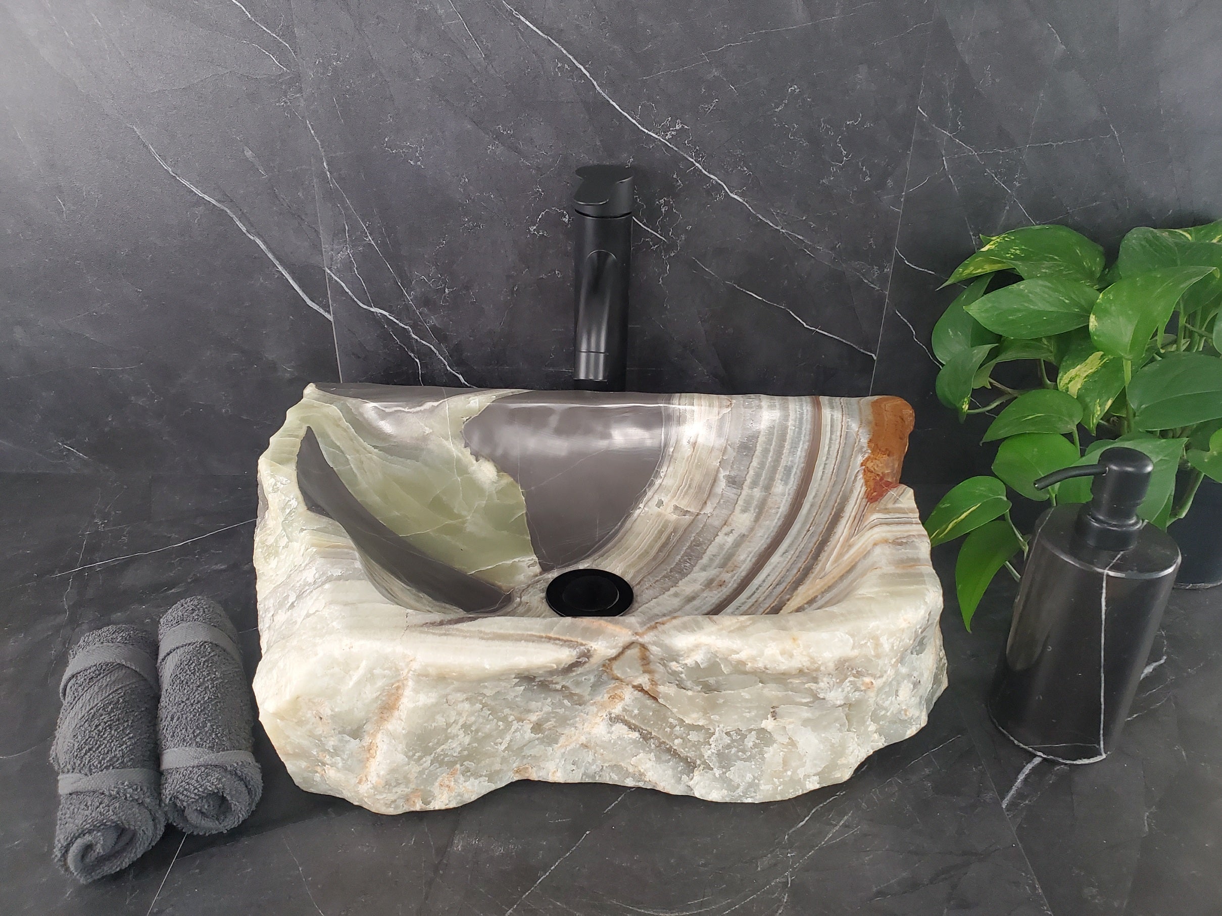 S25_16 Green Onyx Stone Vessel Bathroom Sink