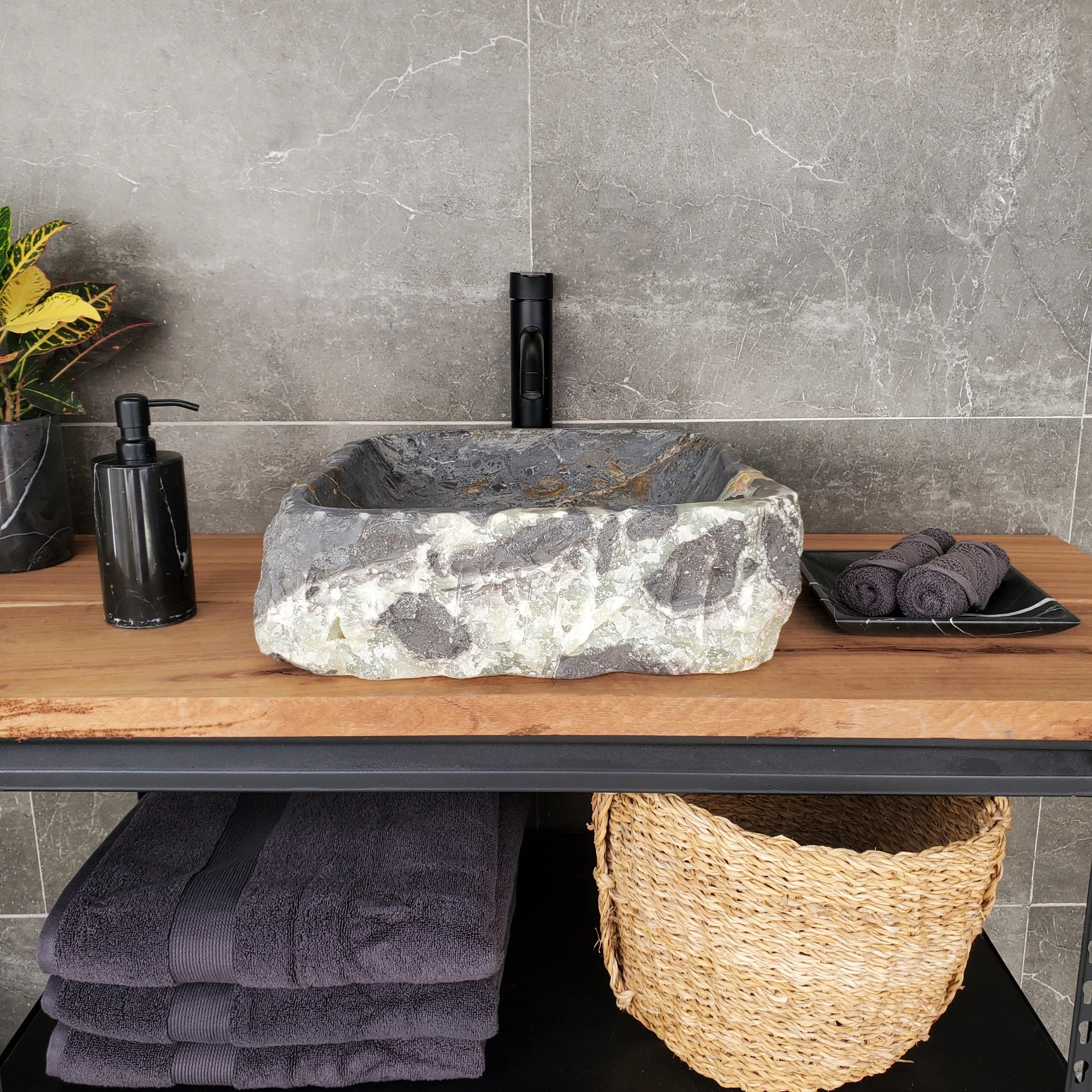 S33_02 Onyx and Slate Stone Vessel Bathroom Sink - 15.5 x 15 inch