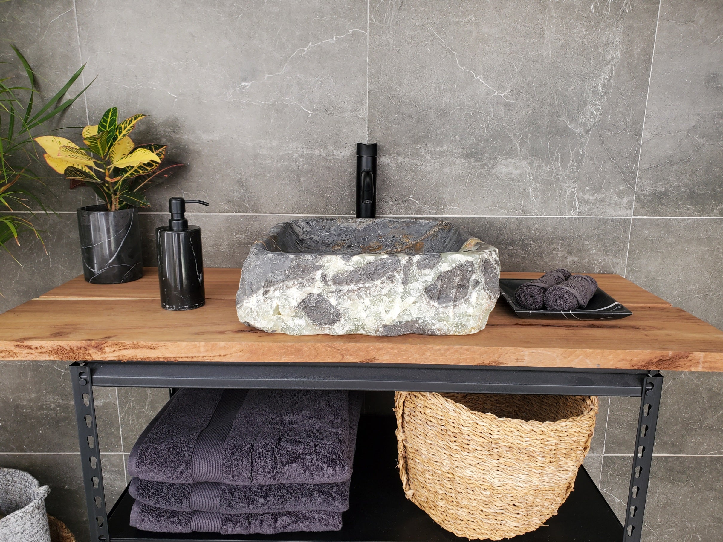 S33_02 Onyx and Slate Stone Vessel Bathroom Sink - 15.5 x 15 inch